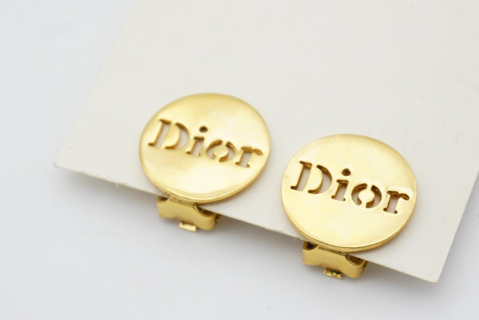Christian Dior Vintage 1990s Logo Relief Round Button Round Clip Gold Earrings  For Sale 1