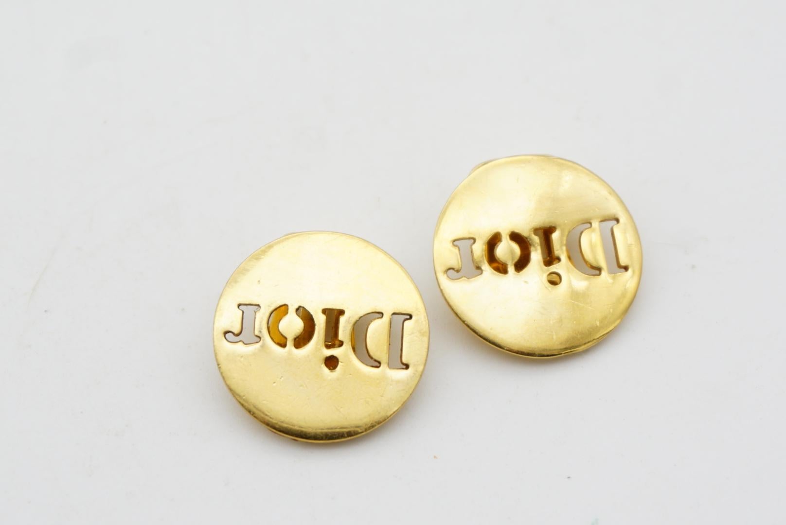 Christian Dior Vintage 1990s Logo Relief Round Button Round Clip Gold Earrings  For Sale 2