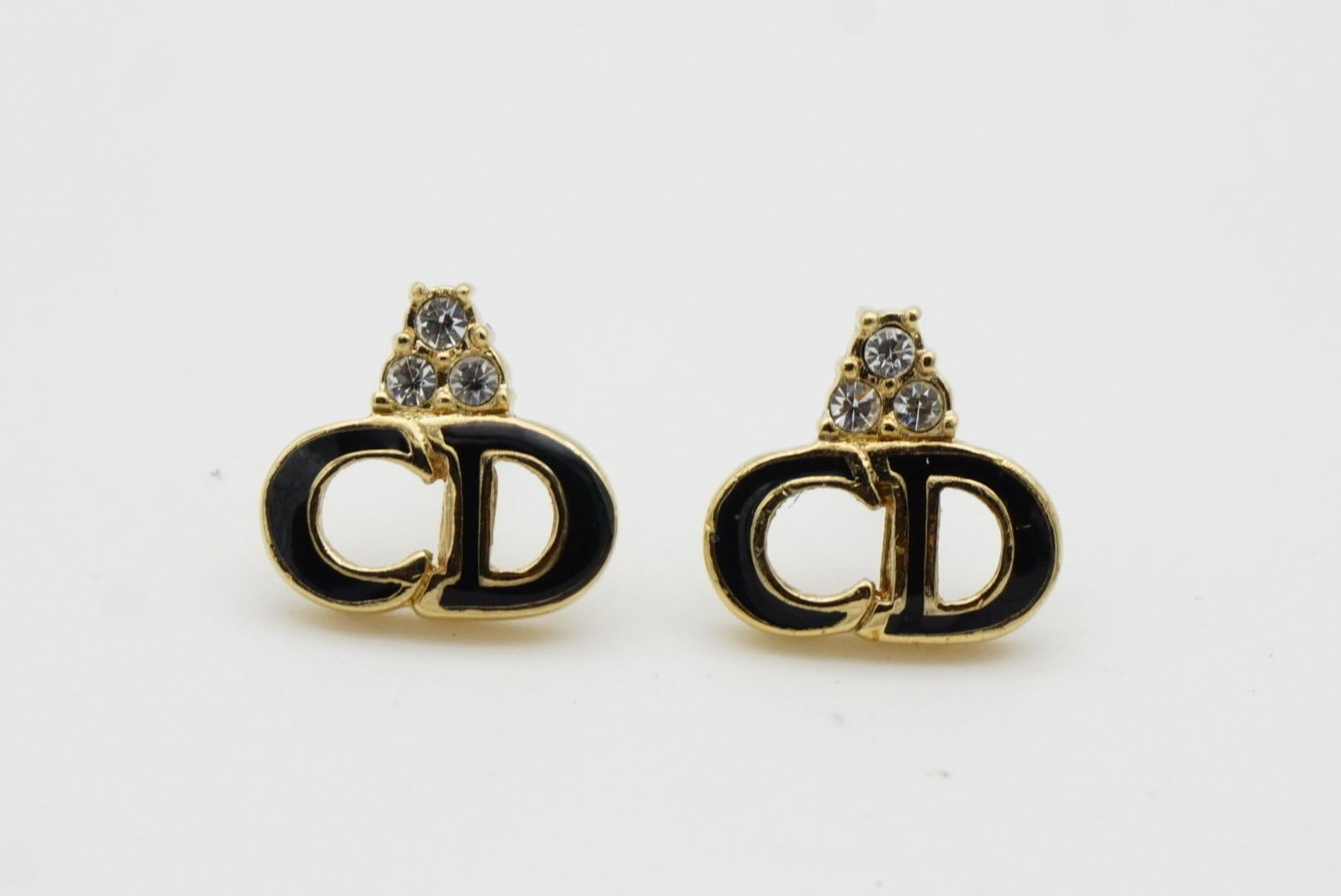 Christian Dior Vintage 1990s Monogram Logo Black CD Crystals Pierced Earrings For Sale 5