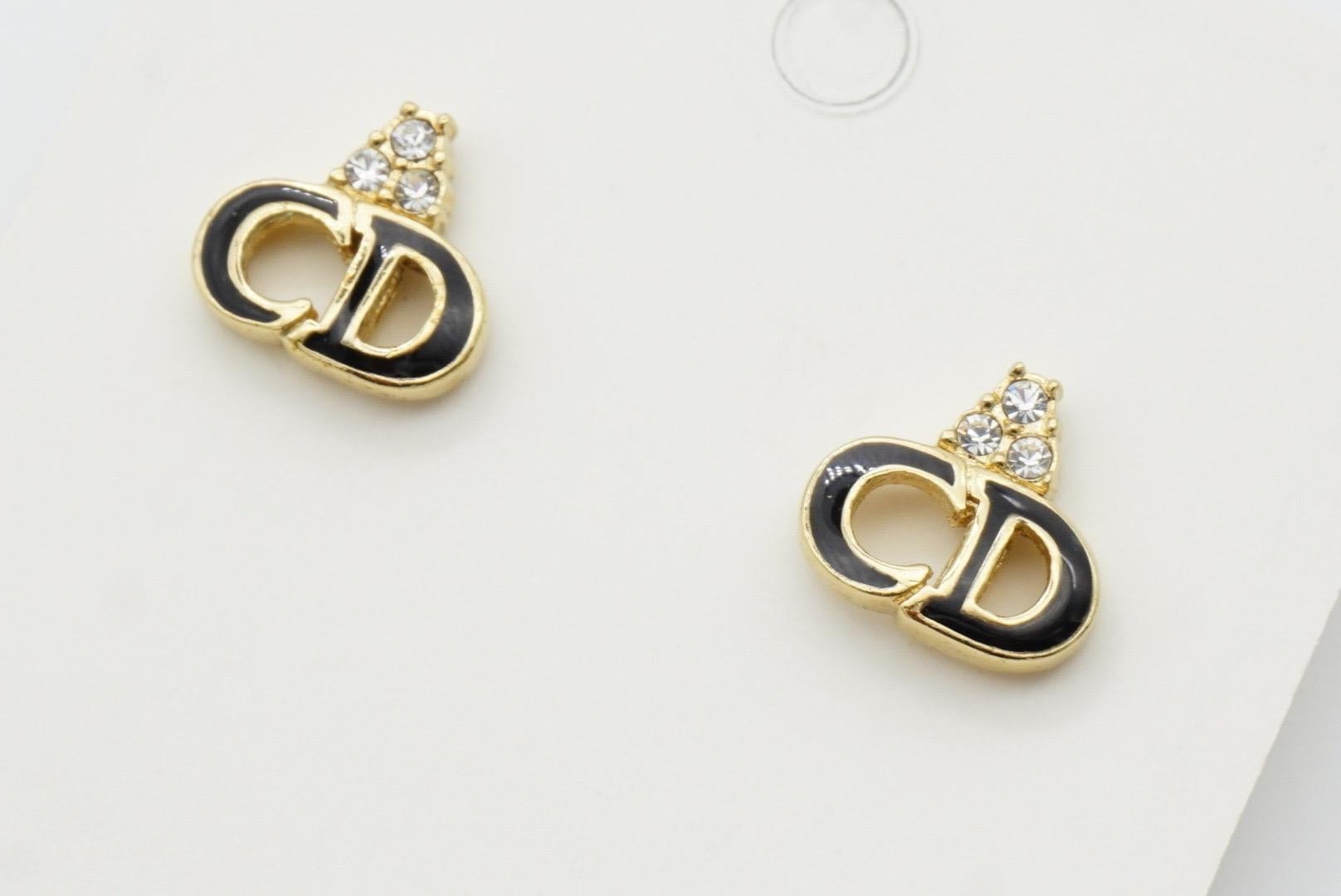 Christian Dior Vintage 1990s Monogram Logo Black CD Crystals Pierced Earrings For Sale 6