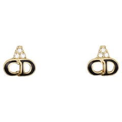 Christian Dior Vintage 1990s Monogram Logo Black CD Crystals Pierced Earrings