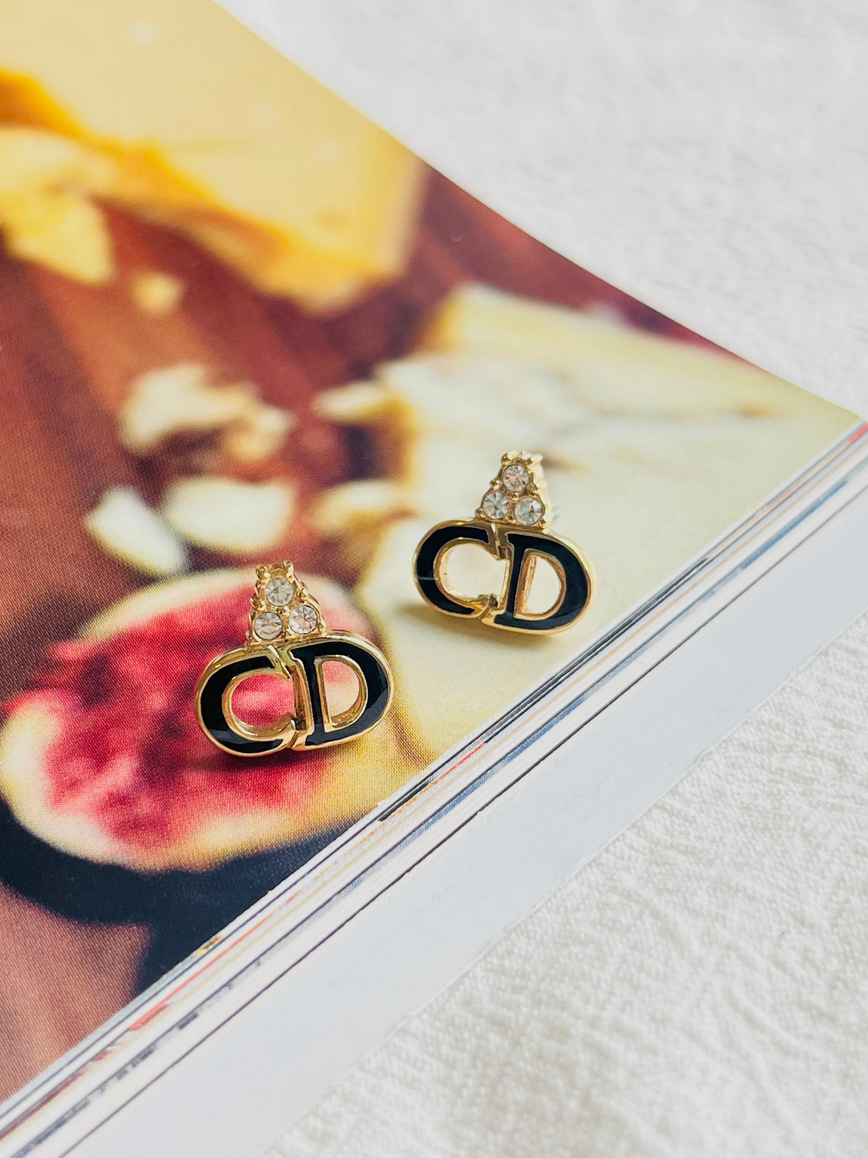 Art Deco Christian Dior Vintage 1990s Monogram Logo Black CD Crystals Pierced Earrings