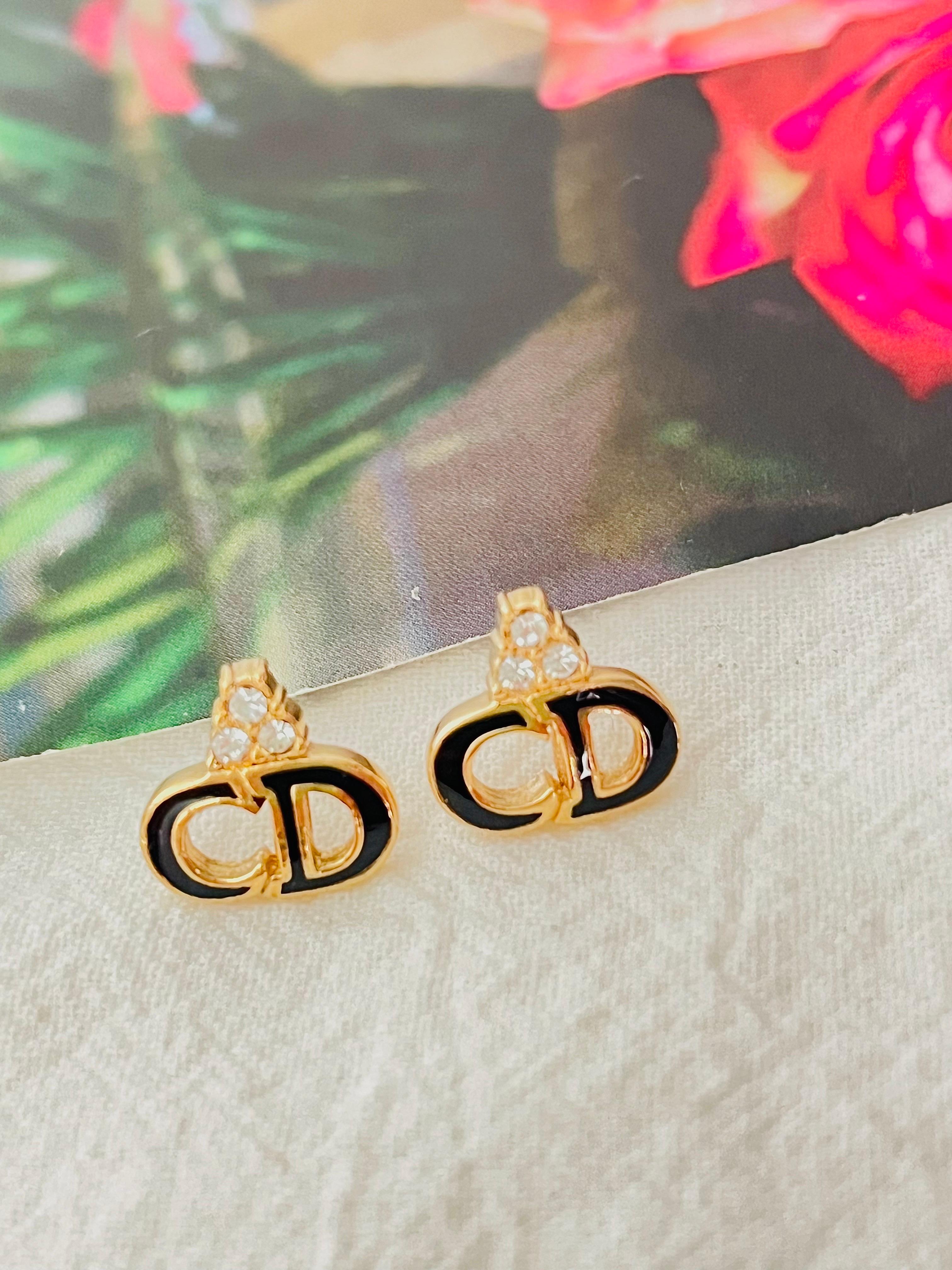 Art Deco Christian Dior Vintage 1990s Monogram Logo Black CD Crystals Pierced Earrings For Sale