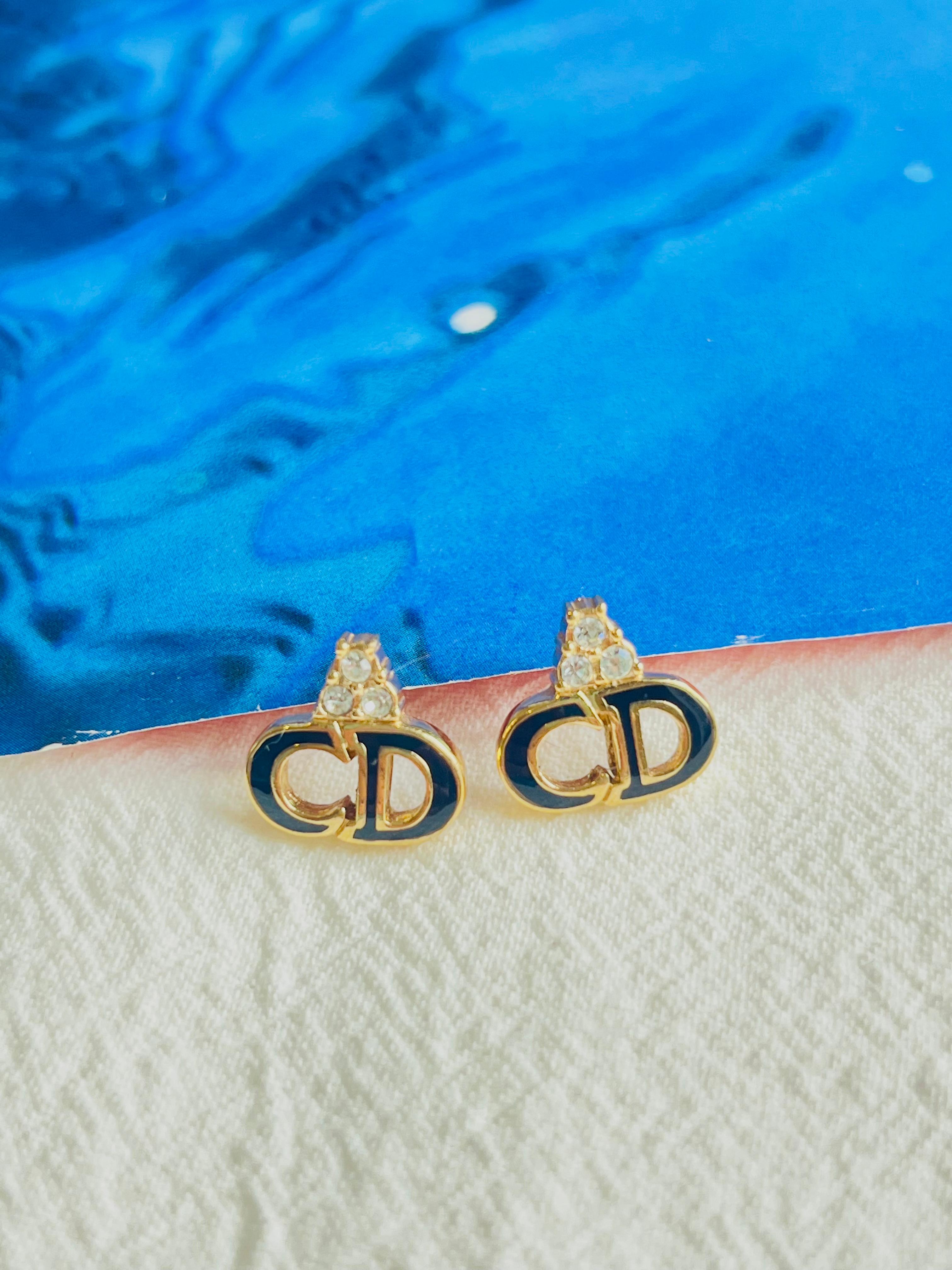 Christian Dior Vintage 1990s Monogram Logo Black CD Crystals Pierced Earrings In Good Condition In Wokingham, England