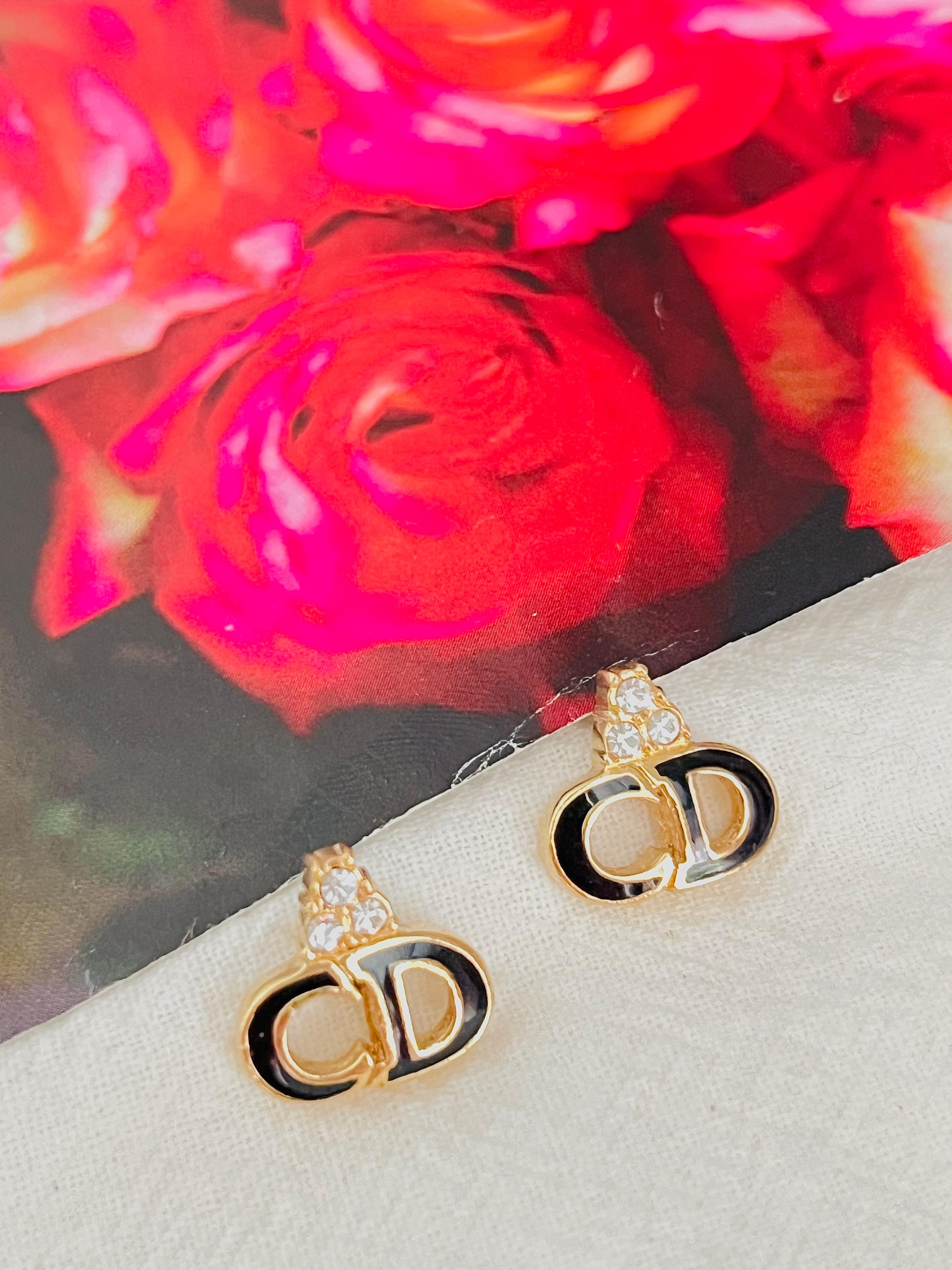Christian Dior Vintage 1990s Monogram Logo Black CD Crystals Pierced Earrings In Excellent Condition For Sale In Wokingham, England