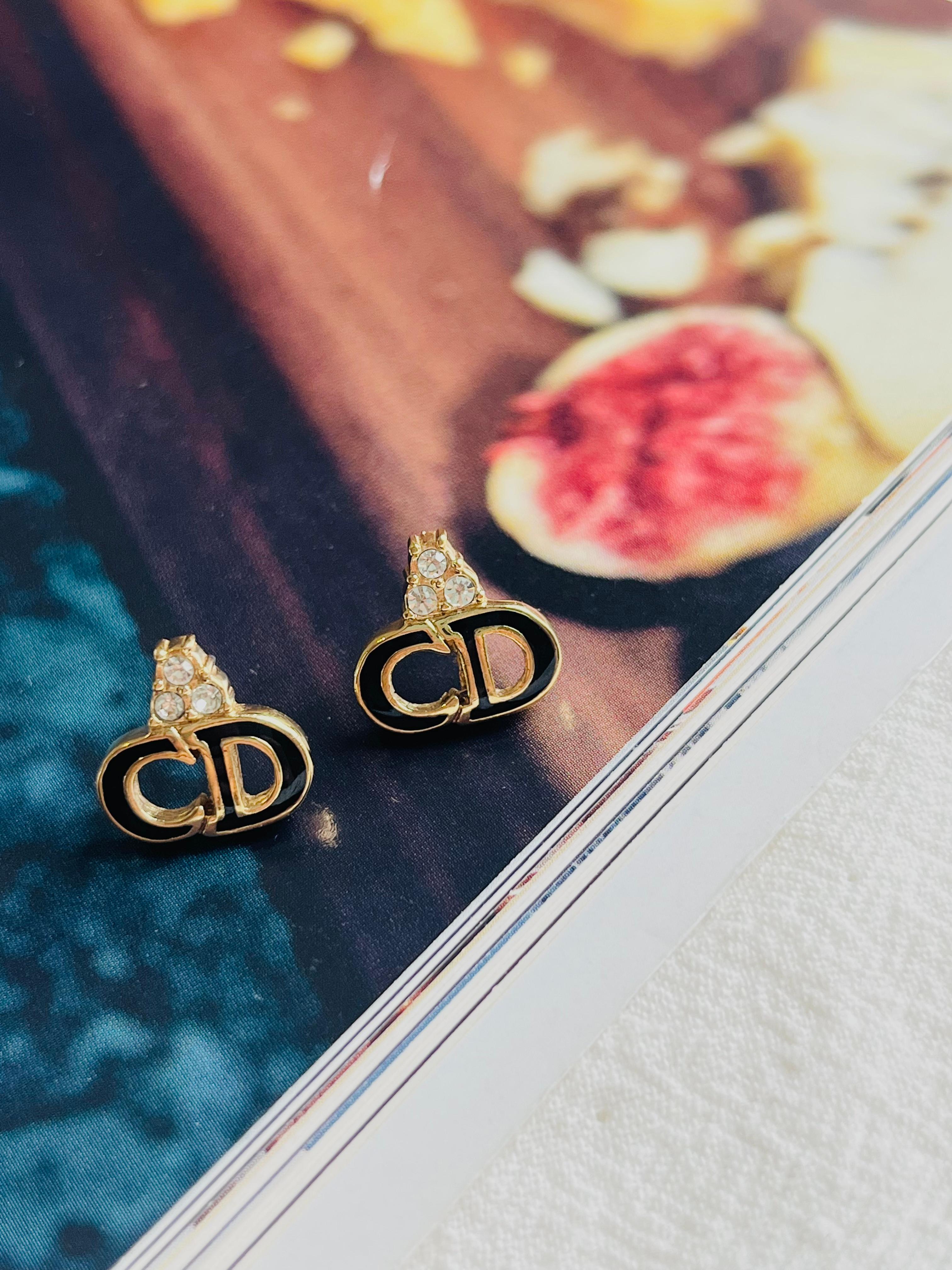 Women's or Men's Christian Dior Vintage 1990s Monogram Logo Black CD Crystals Pierced Earrings