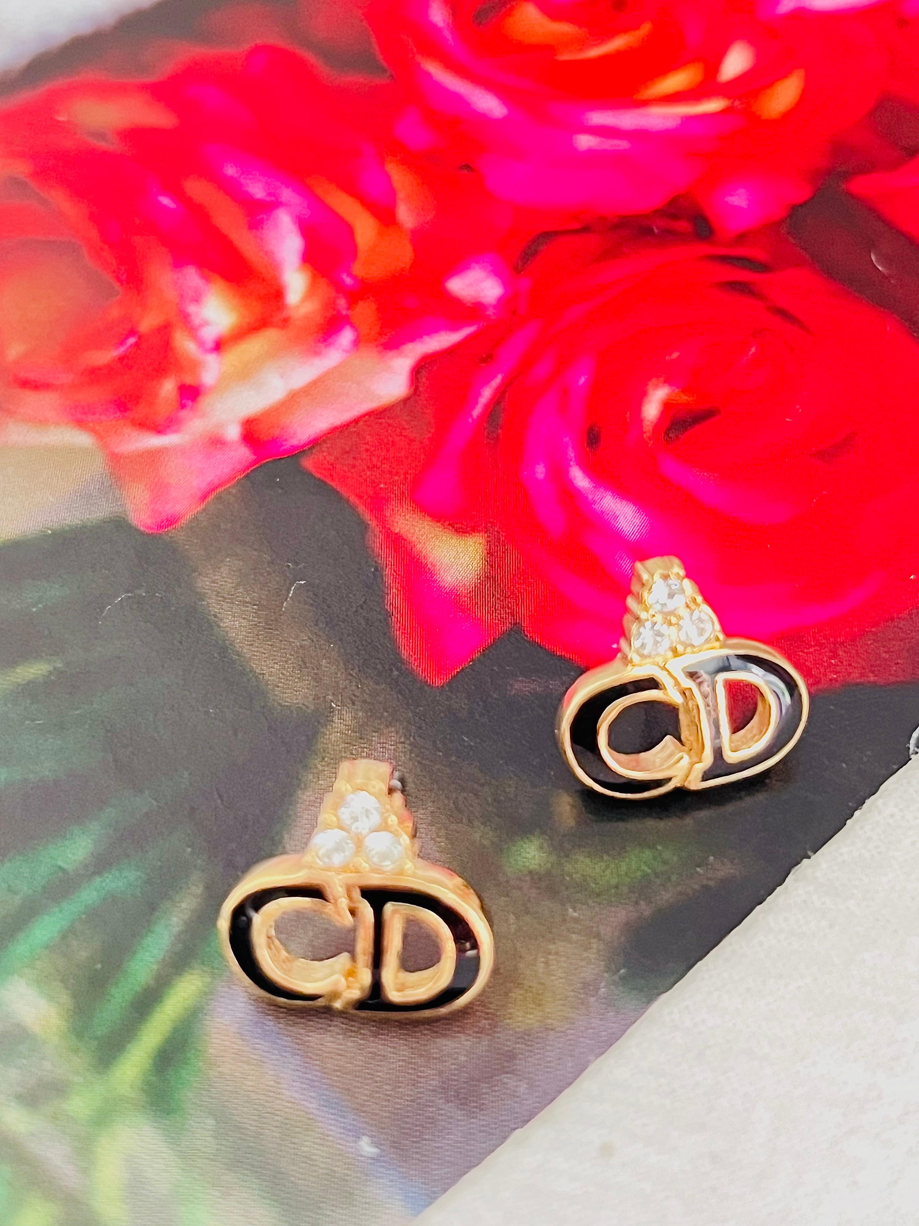 Women's or Men's Christian Dior Vintage 1990s Monogram Logo Black CD Crystals Pierced Earrings For Sale