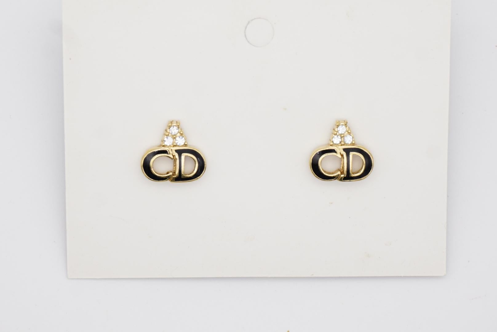 Christian Dior Vintage 1990s Monogram Logo Black CD Crystals Pierced Earrings In Good Condition For Sale In Wokingham, England