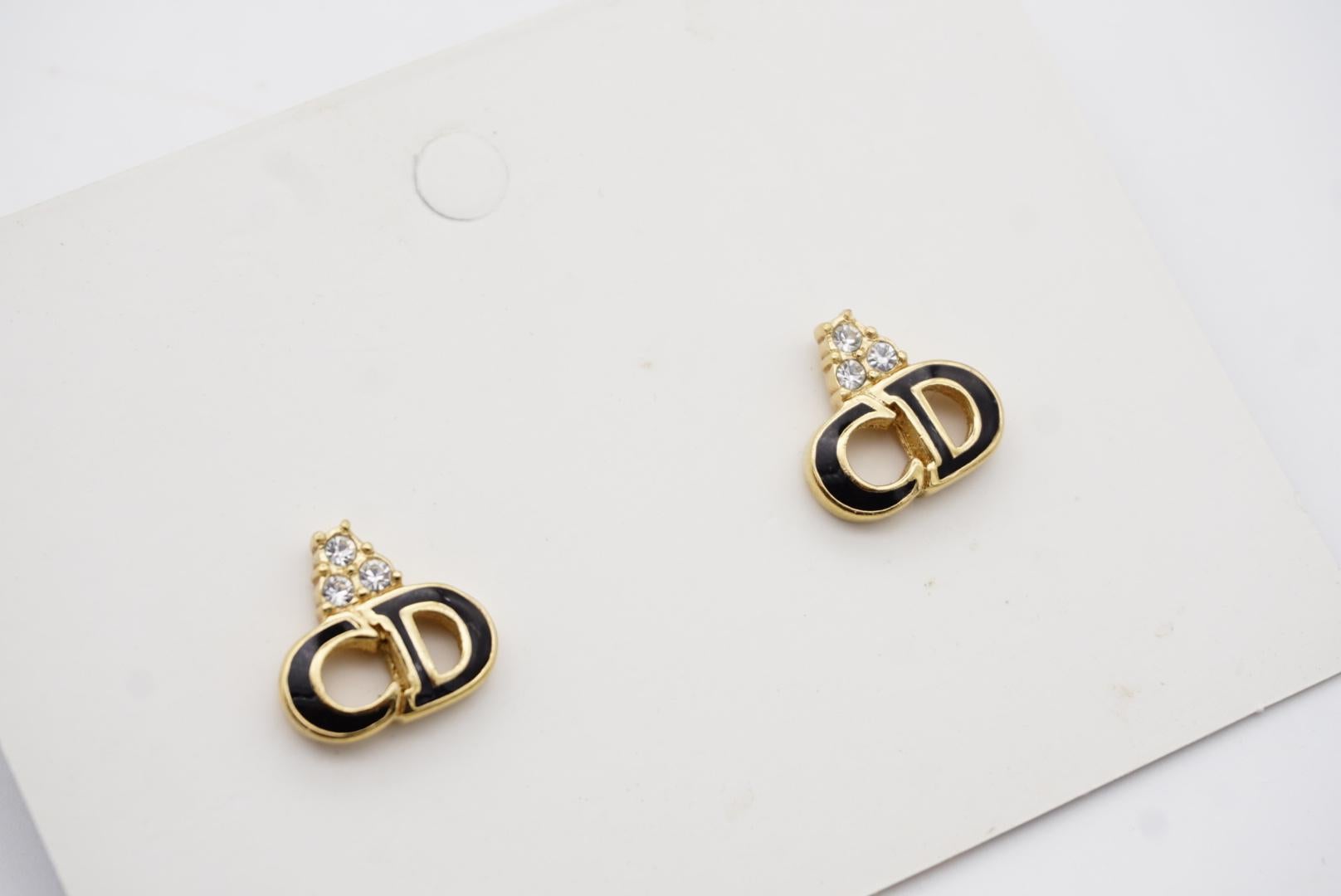 Women's or Men's Christian Dior Vintage 1990s Monogram Logo Black CD Crystals Pierced Earrings For Sale