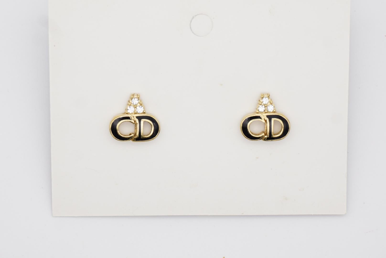 Christian Dior Vintage 1990s Monogram Logo Black CD Crystals Pierced Earrings 3