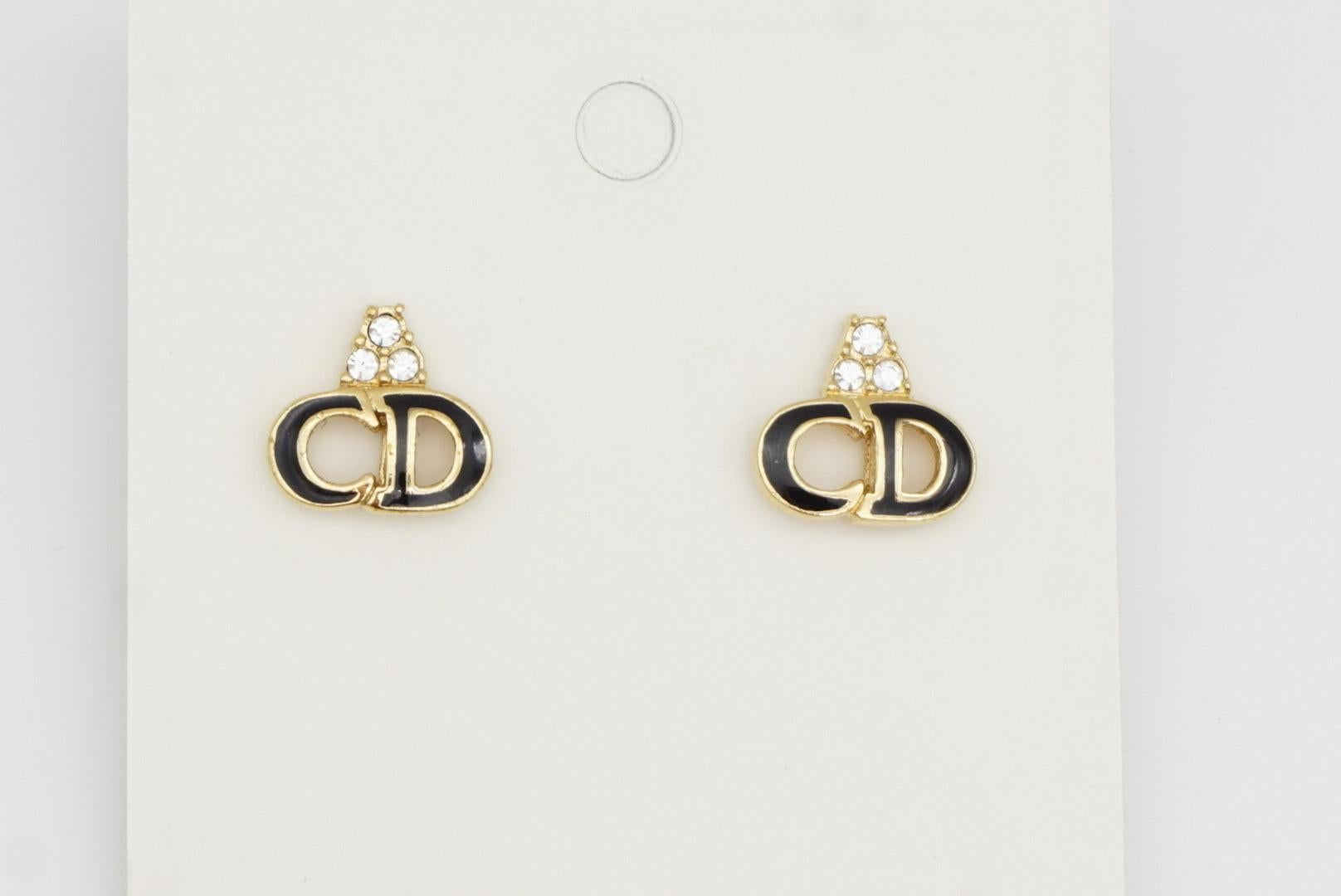 Christian Dior Vintage 1990s Monogram Logo Black CD Crystals Pierced Earrings For Sale 3
