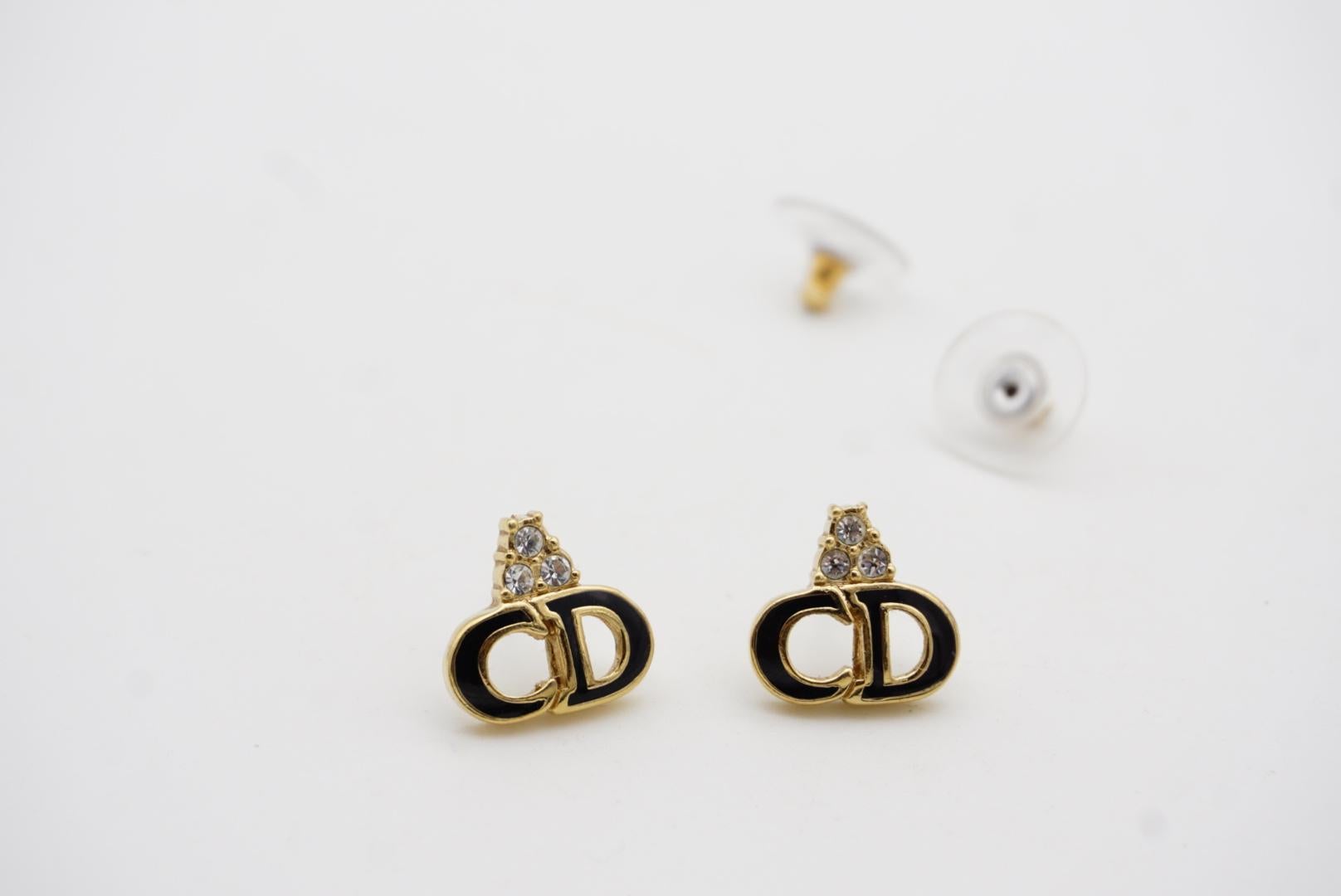 Christian Dior Vintage 1990s Monogram Logo Black CD Crystals Pierced Earrings For Sale 1
