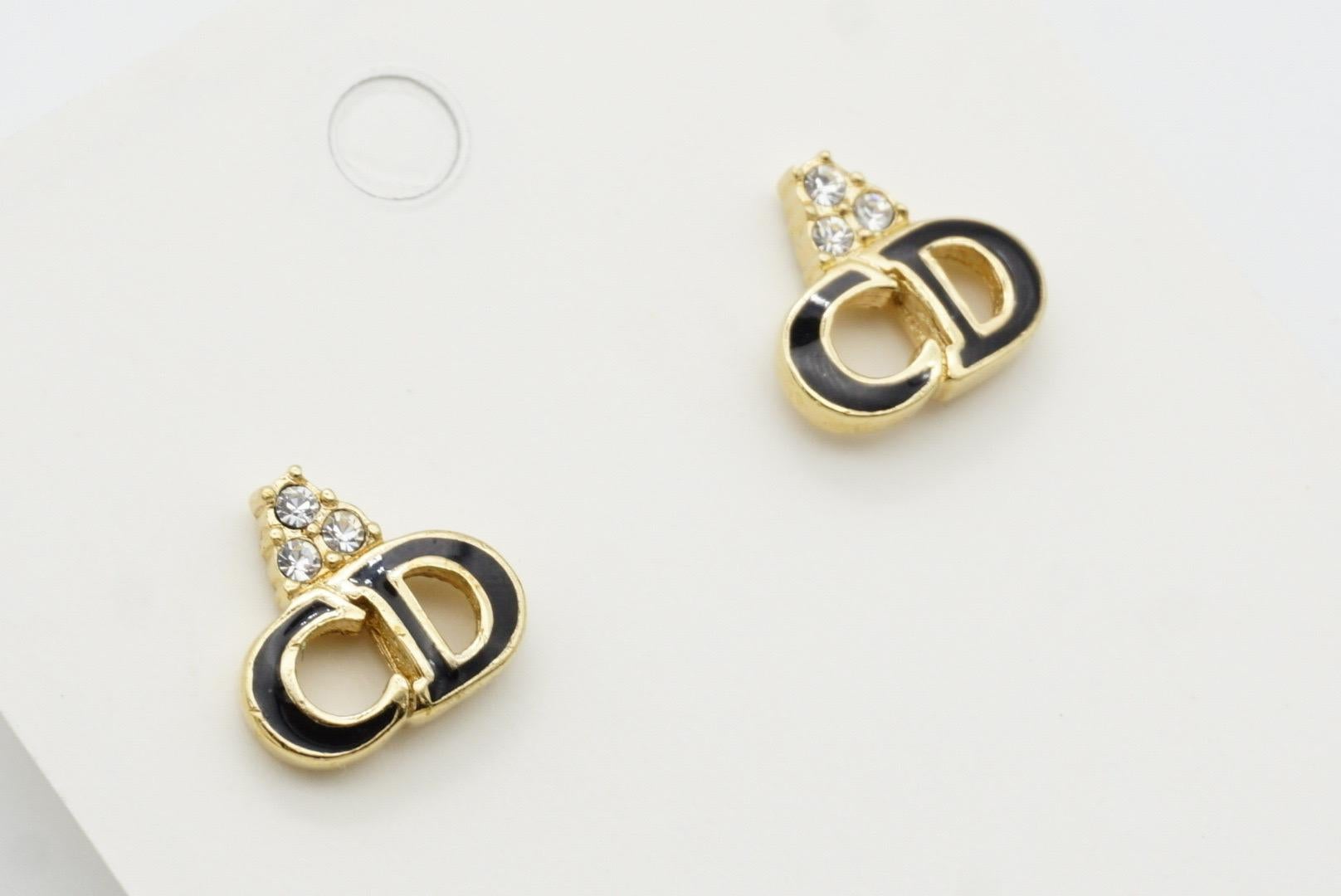 Christian Dior Vintage 1990s Monogram Logo Black CD Crystals Pierced Earrings For Sale 4
