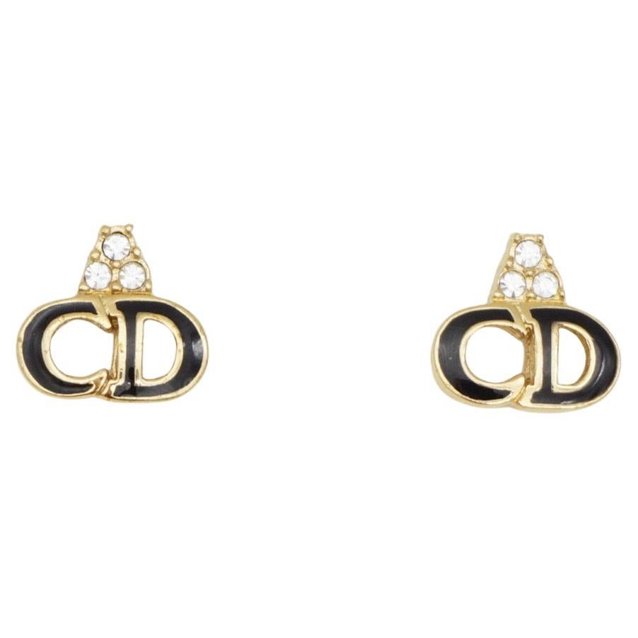 Christian Dior Vintage 1990s Monogram Logo Black CD Crystals Pierced Earrings For Sale