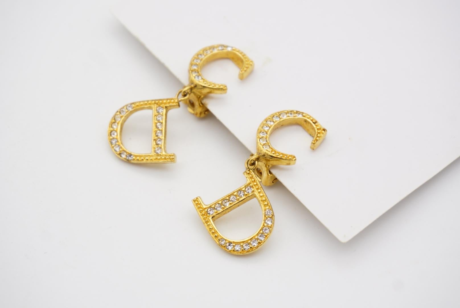 Christian Dior Vintage 1990s Monogram Logo CD Crystals Drop Gold Clip Earrings For Sale 5