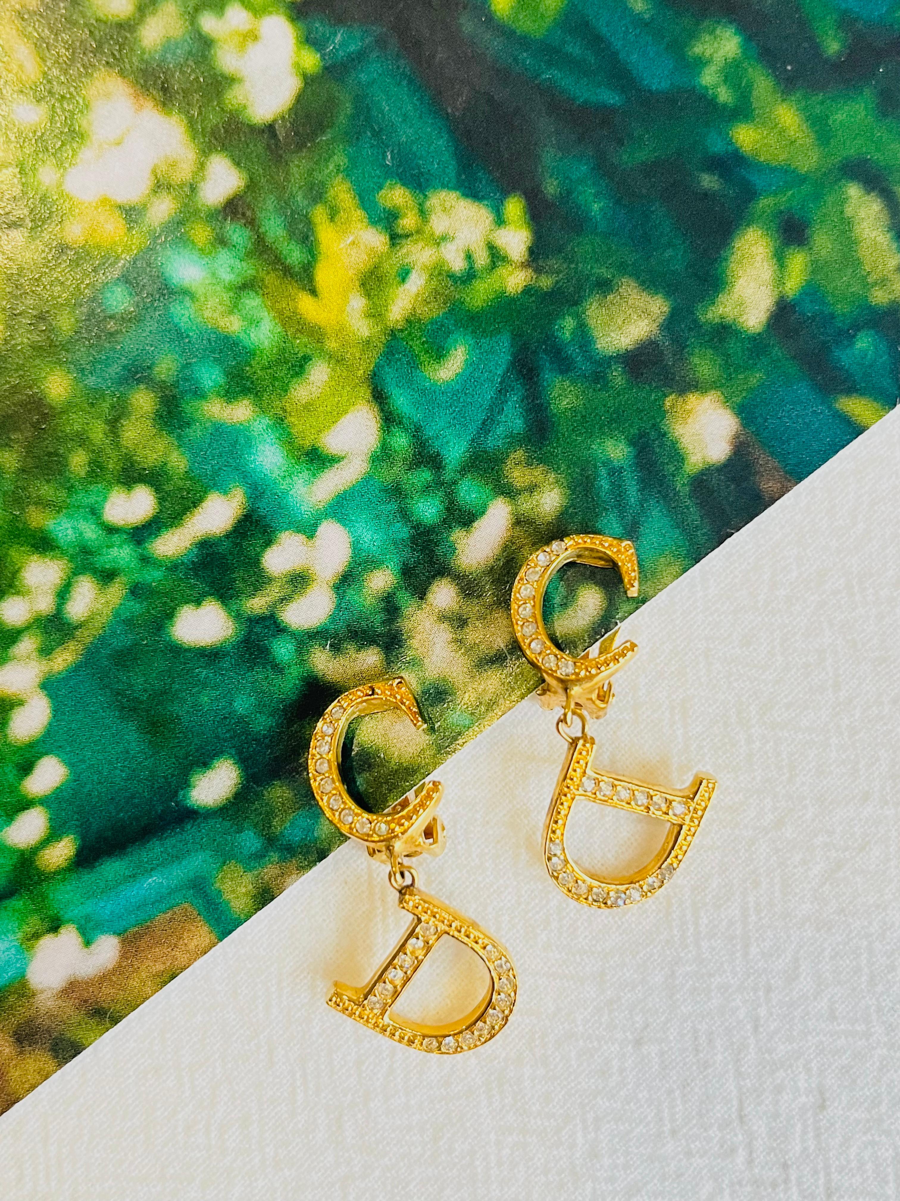 Art Deco Christian Dior Vintage 1990s Monogram Logo CD Crystals Drop Gold Clip Earrings For Sale