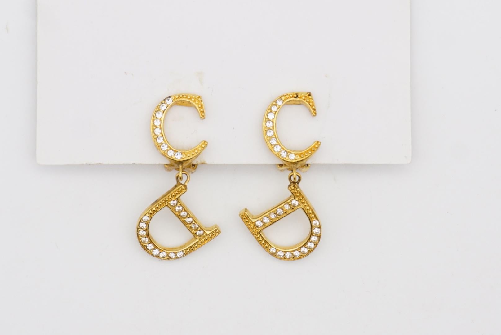 Women's or Men's Christian Dior Vintage 1990s Monogram Logo CD Crystals Drop Gold Clip Earrings For Sale