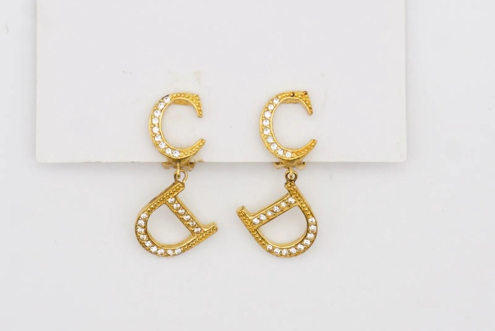 Christian Dior Vintage 1990s Monogram Logo CD Crystals Drop Gold Clip Earrings For Sale 3