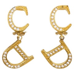 Christian Dior Vintage 1990s Monogram Logo CD Crystals Drop Gold Clip Earrings