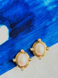 Christian Dior Vintage 1990s Oval White Pearl Cross Radiant Crystals Earrings