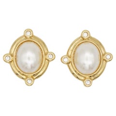 Christian Dior Vintage 1990s Oval White Pearl Cross Radiant Crystals Earrings