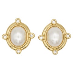 Christian Dior Vintage 1990s Oval White Pearl Cross Radiant Crystals Earrings