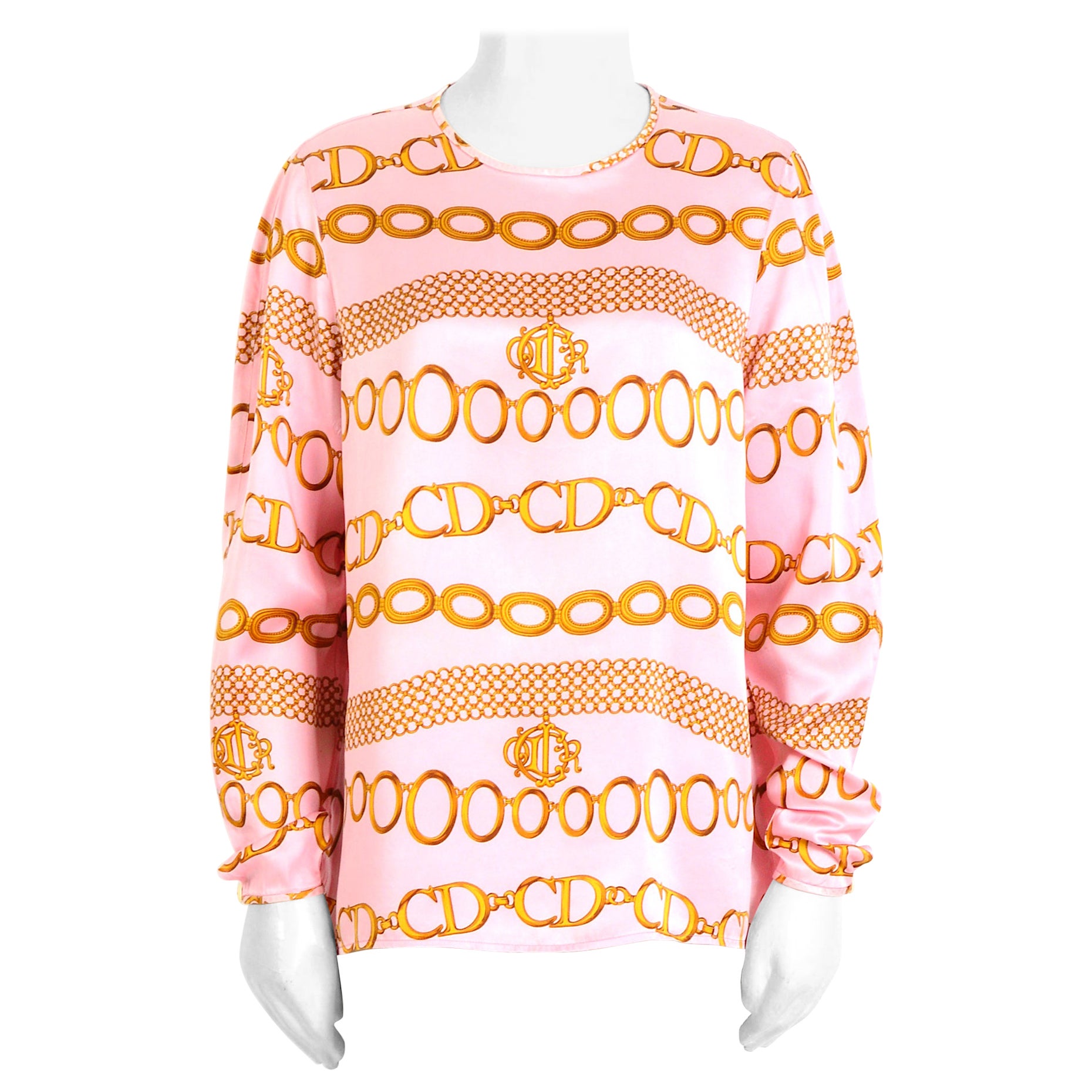 Christian Dior Vintage Bluse aus rosa Seide mit goldener Logokette, 1990er Jahre. im Angebot