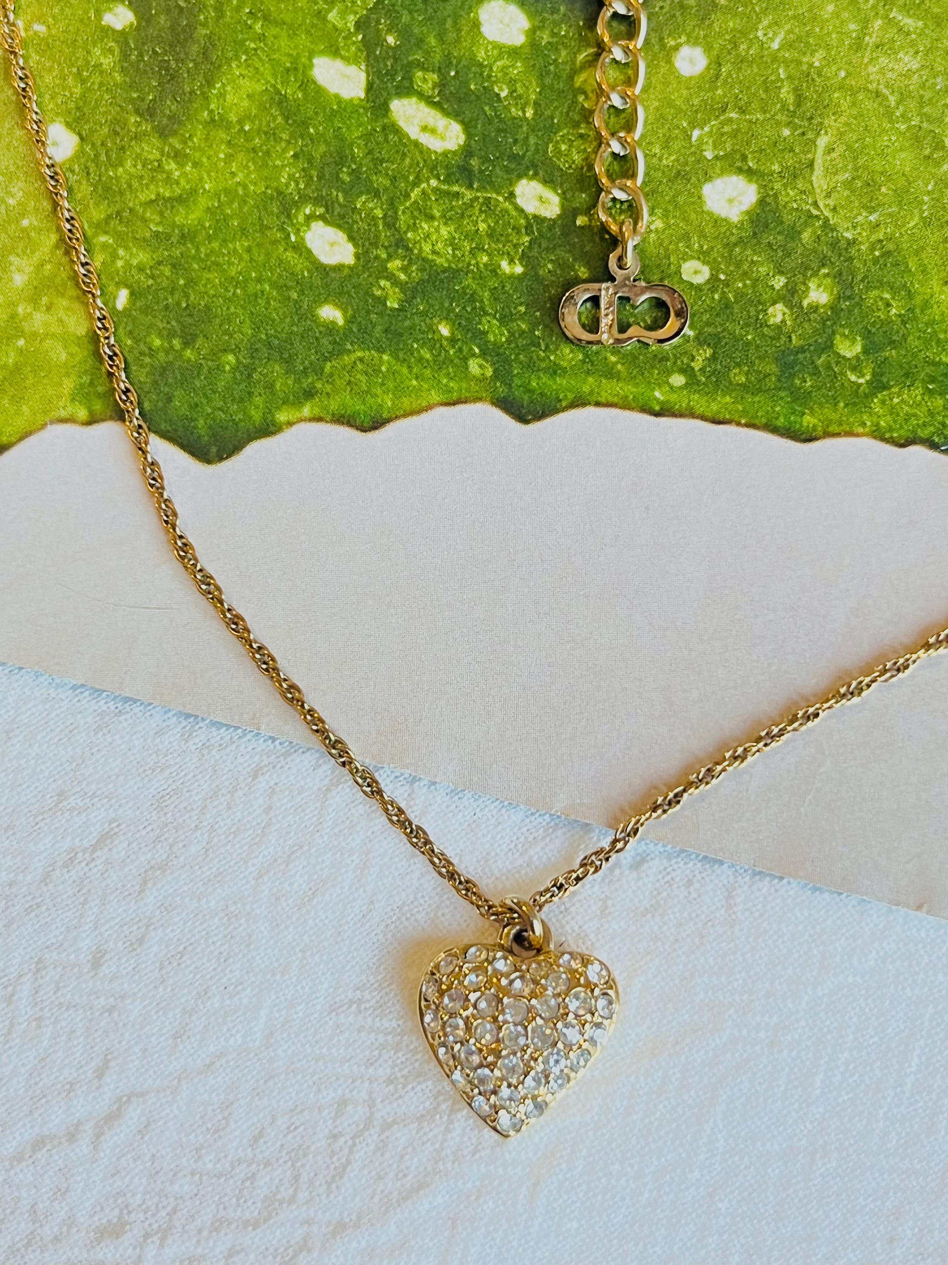 Art Deco Christian Dior Vintage 1990s Shining Crystals Heart Love Pendant Gold Necklace