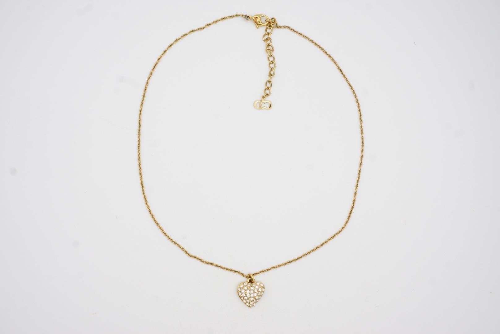 Christian Dior Vintage 1990s Shining Crystals Heart Love Pendant Gold Necklace For Sale 4