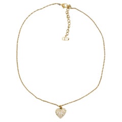Christian Dior Used 1990s Shining Crystals Heart Love Pendant Gold Necklace