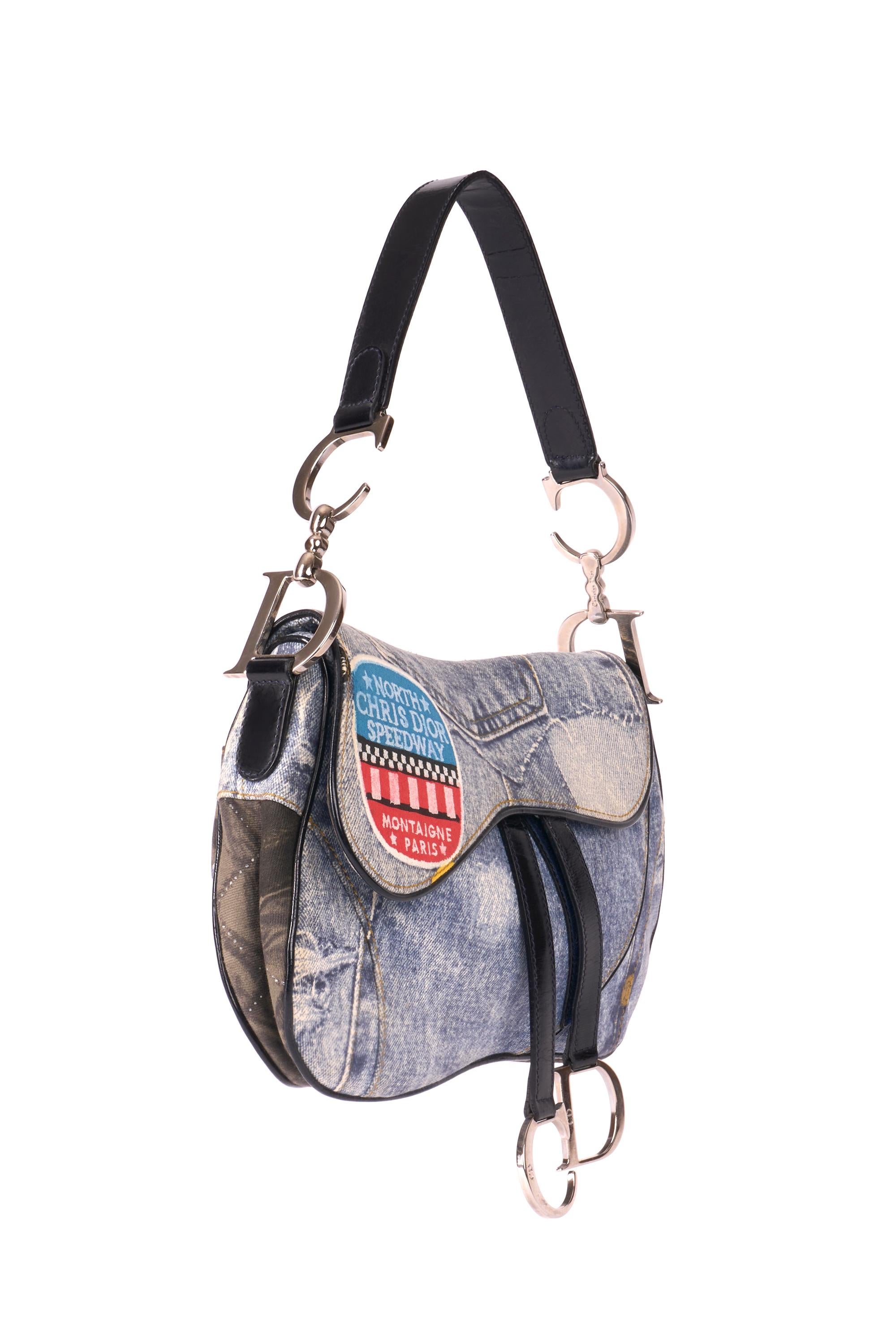 Gray Christian Dior Vintage 2001 Double Denim Saddle Bag