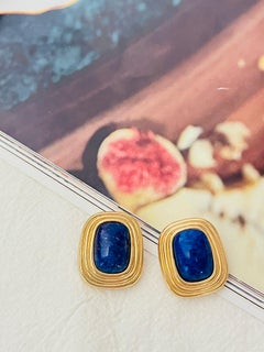 Christian Dior Vintage AB Gold Textured Navy Lapis Cabochon Rectangle Earrings
