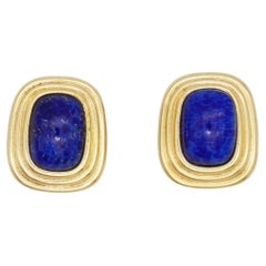 Christian Dior Vintage AB Gold Textured Navy Lapis Cabochon Rectangle Earrings