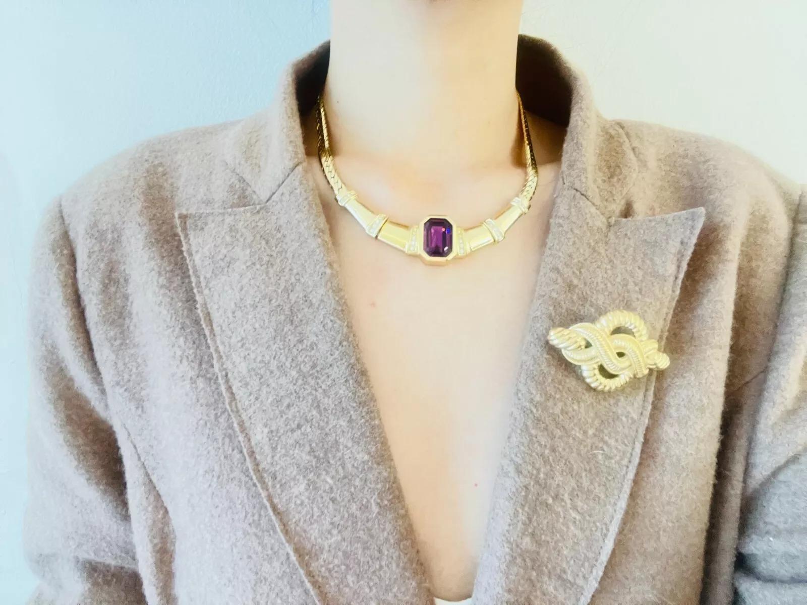 Women's or Men's Christian Dior Vintage Amethyst Octagon Crystals Bamboo Knot Statement Necklace For Sale