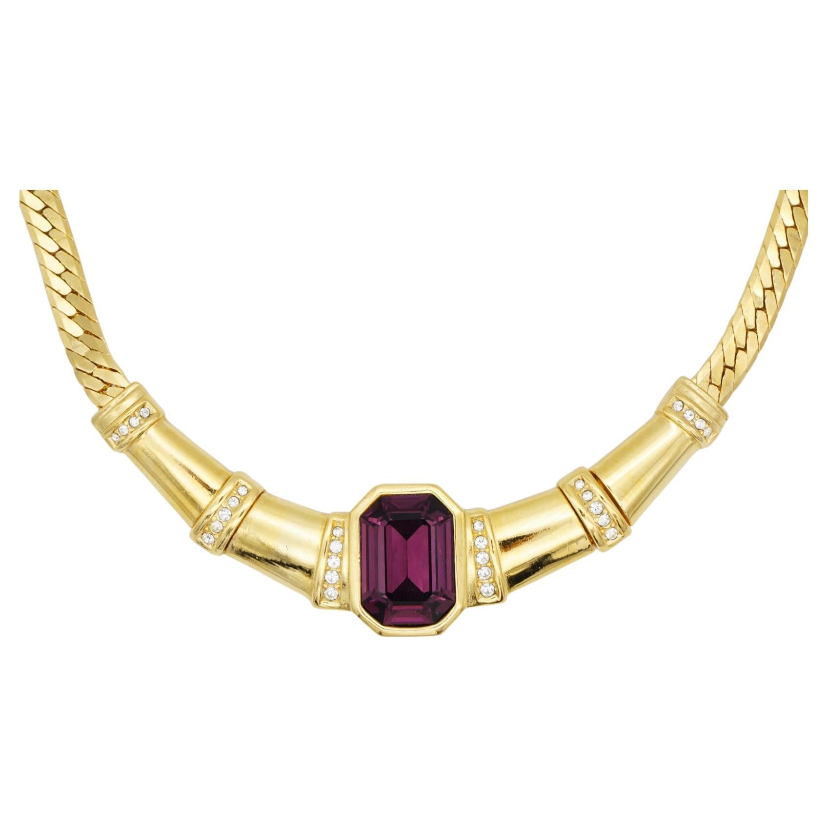 Christian Dior Vintage Amethyst Octagon Crystals Bamboo Knot Statement Necklace For Sale