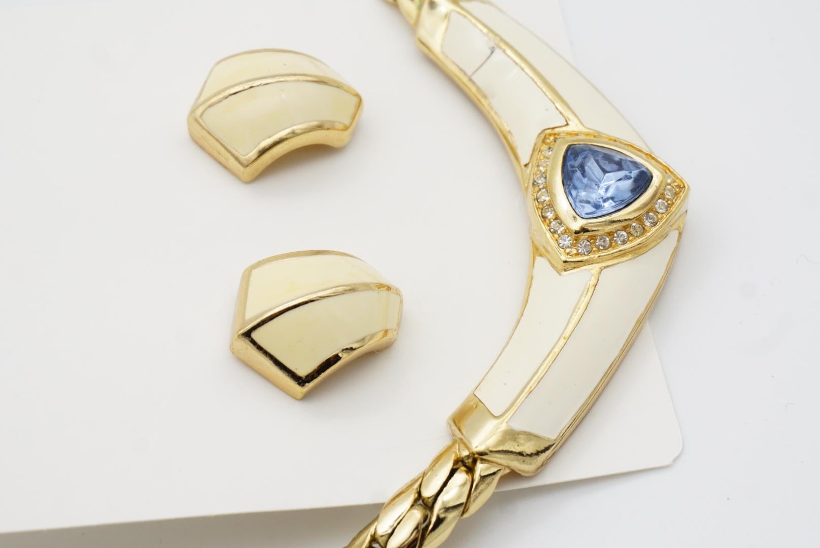 Christian Dior Vintage Aqua Blue Clear Crystal Shield Beige Enamel Chunky 2 Set For Sale 5