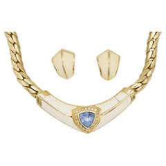 Christian Dior Vintage Aqua Blue Clear Crystal Shield Beige Enamel Chunky 2 Set
