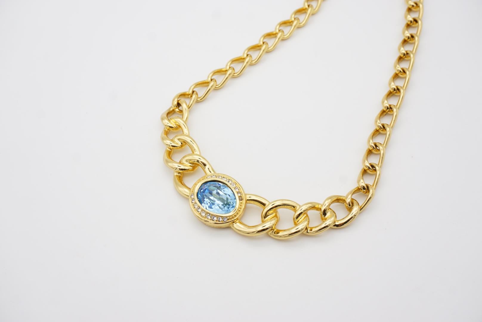 Christian Dior Vintage Aqua Blue Oval Crystal Interlocked Chunky Link Necklace For Sale 5