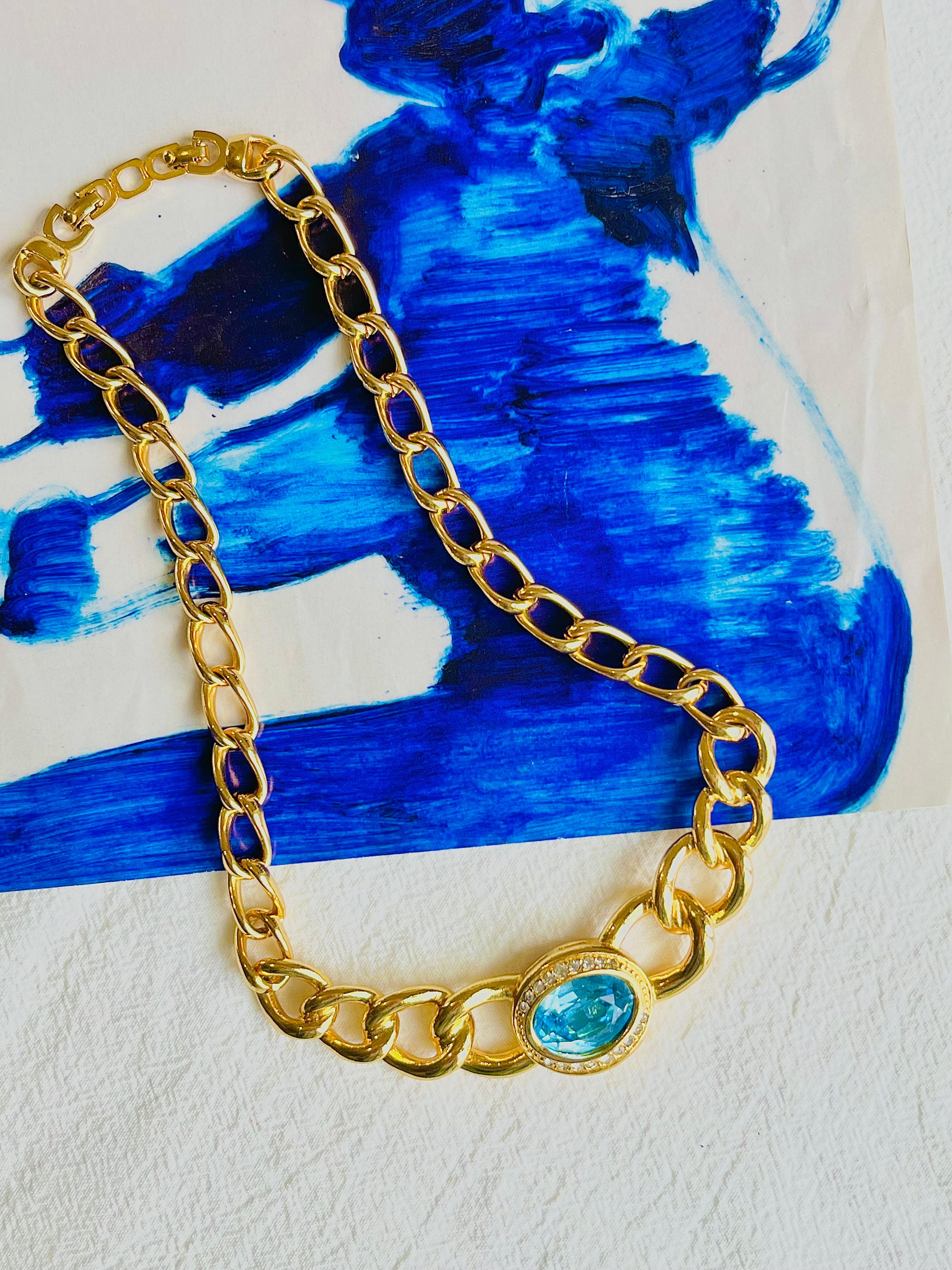 Art Nouveau Christian Dior Vintage Aqua Blue Oval Crystal Interlocked Chunky Link Necklace For Sale