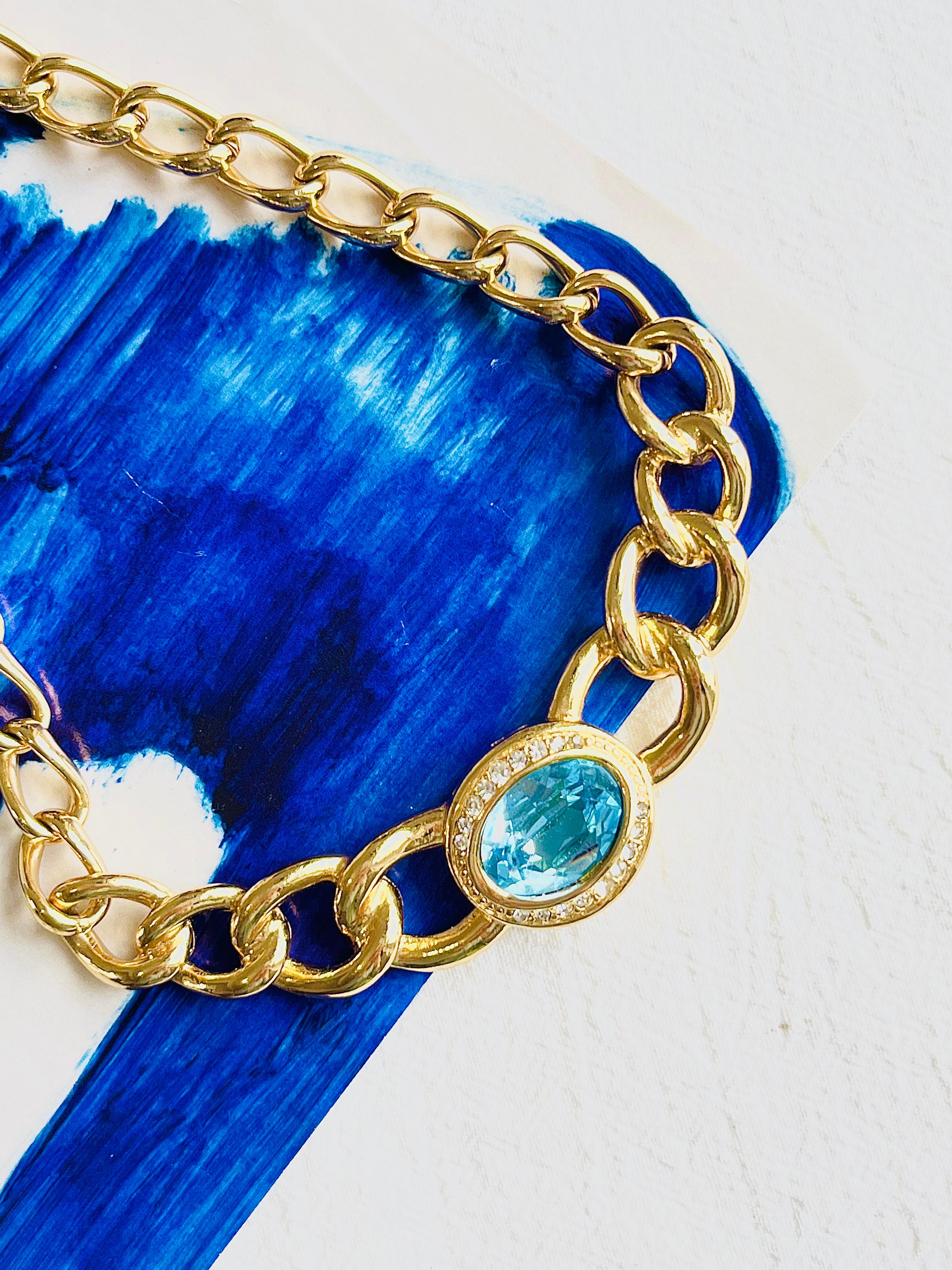 Christian Dior Vintage Aqua Blue Oval Crystal Interlocked Chunky Link Necklace In Excellent Condition For Sale In Wokingham, England