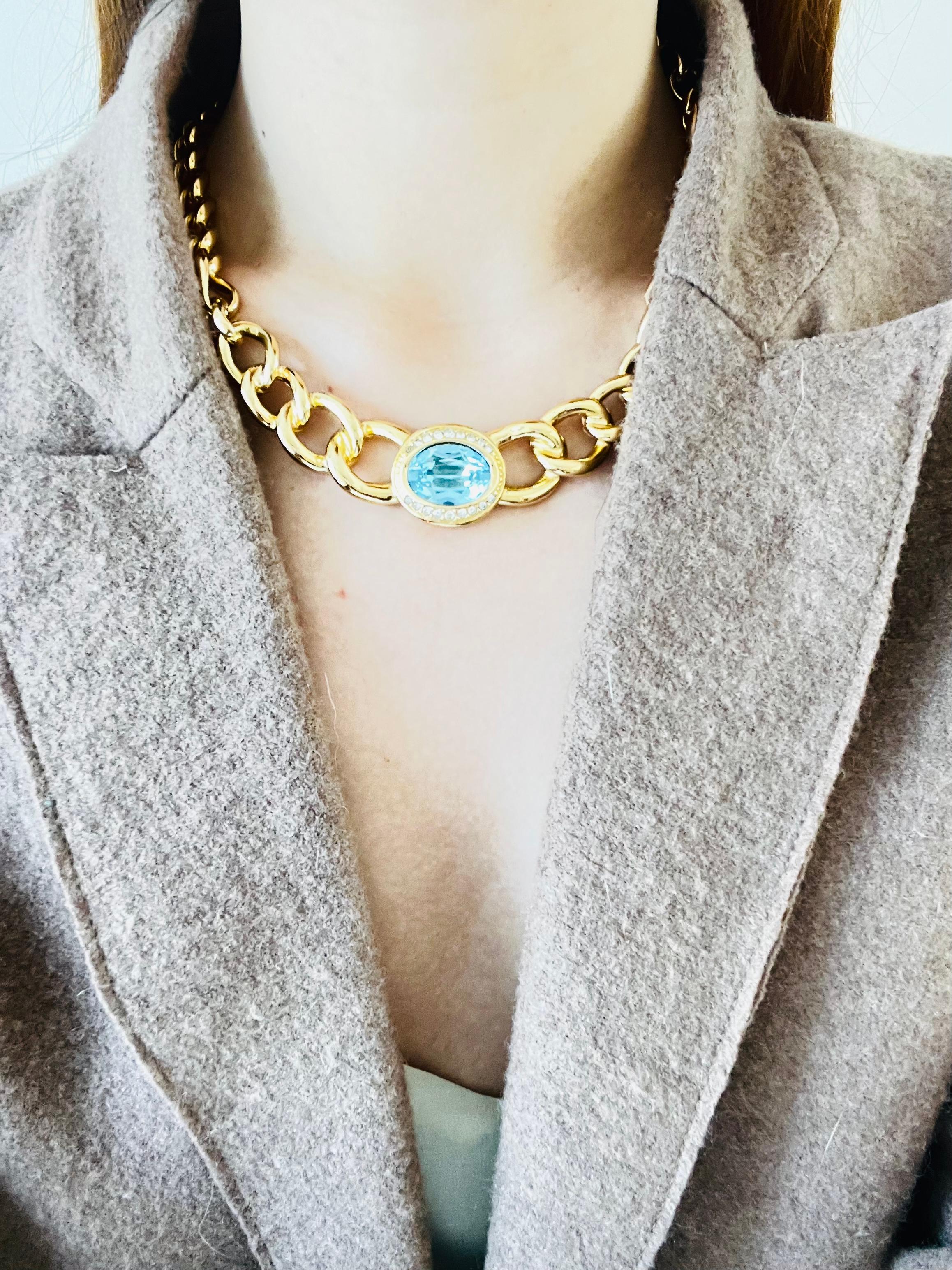 Christian Dior Vintage Aqua Blue Oval Crystal Interlocked Chunky Link Necklace For Sale 1