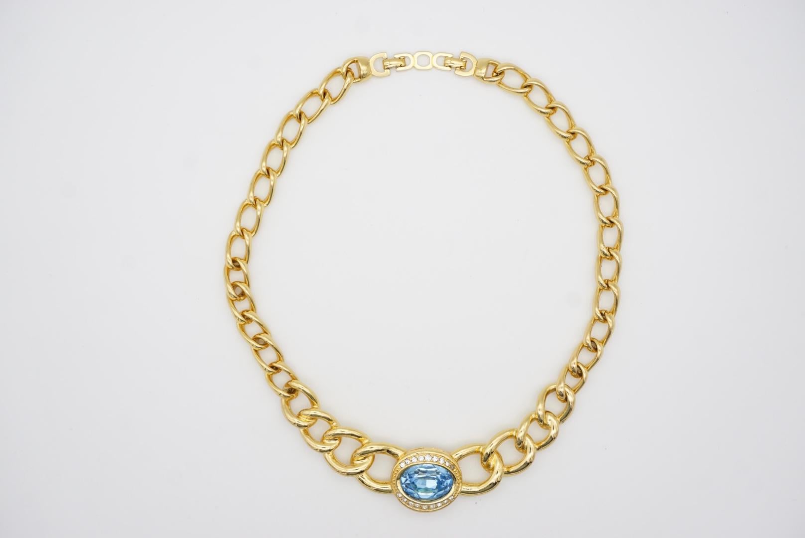 Christian Dior Vintage Aqua Blue Oval Crystal Interlocked Chunky Link Necklace For Sale 2