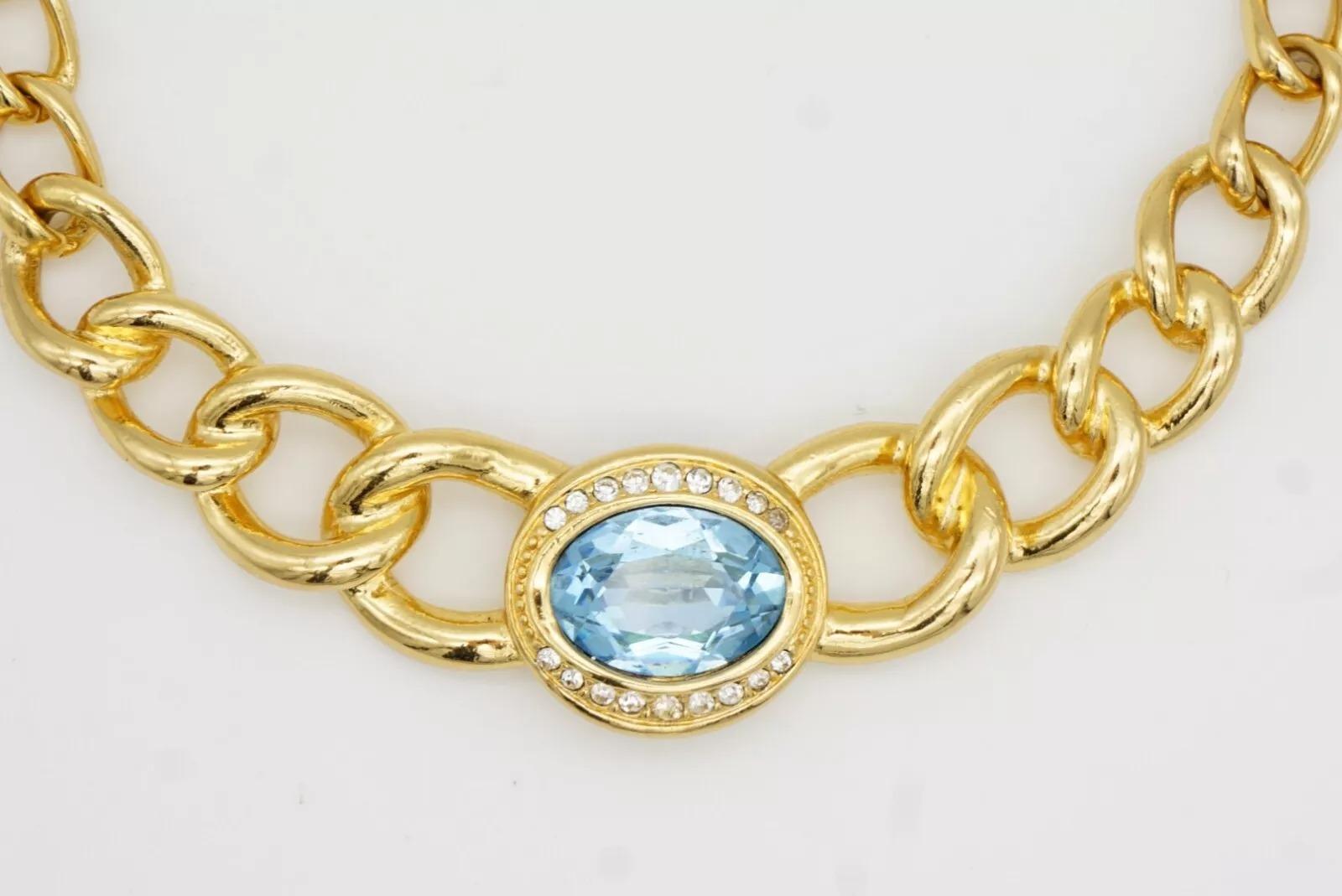 Christian Dior Vintage Aqua Blue Oval Crystal Interlocked Chunky Link Necklace For Sale 3