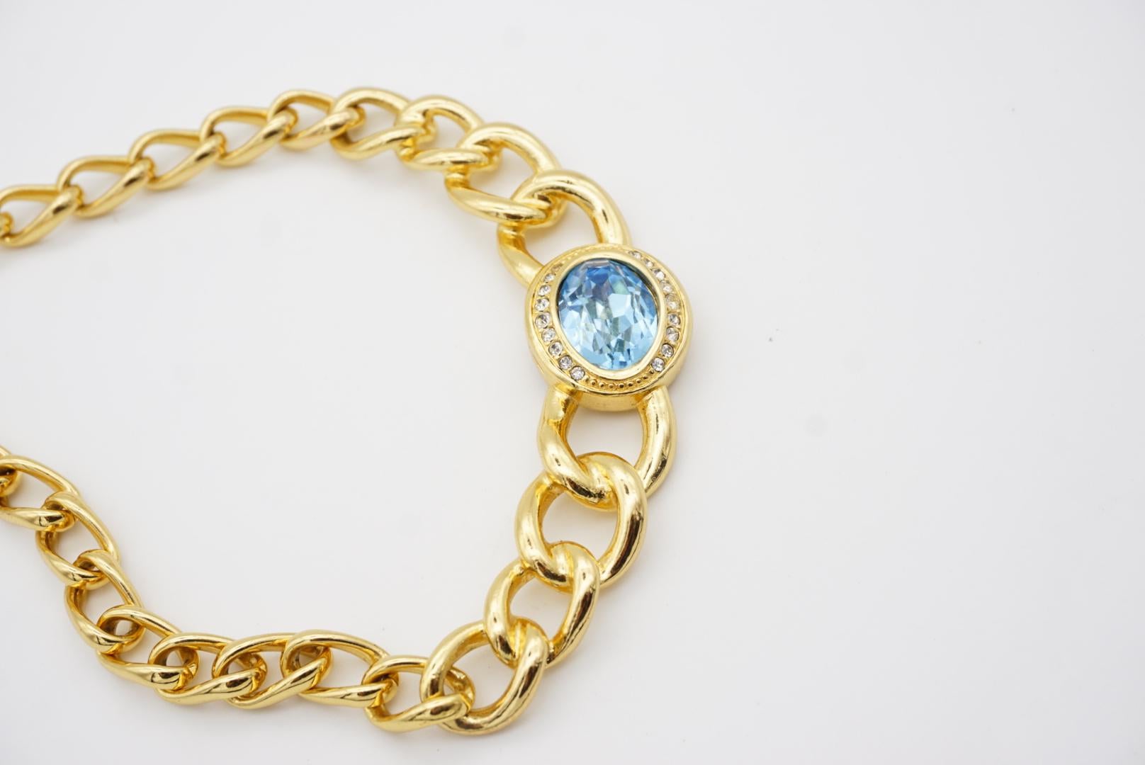 Christian Dior Vintage Aqua Blue Oval Crystal Interlocked Chunky Link Necklace For Sale 4