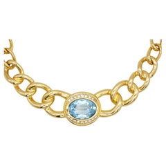 Christian Dior Vintage Aqua Blue Oval Crystal Interlocked Chunky Link Necklace