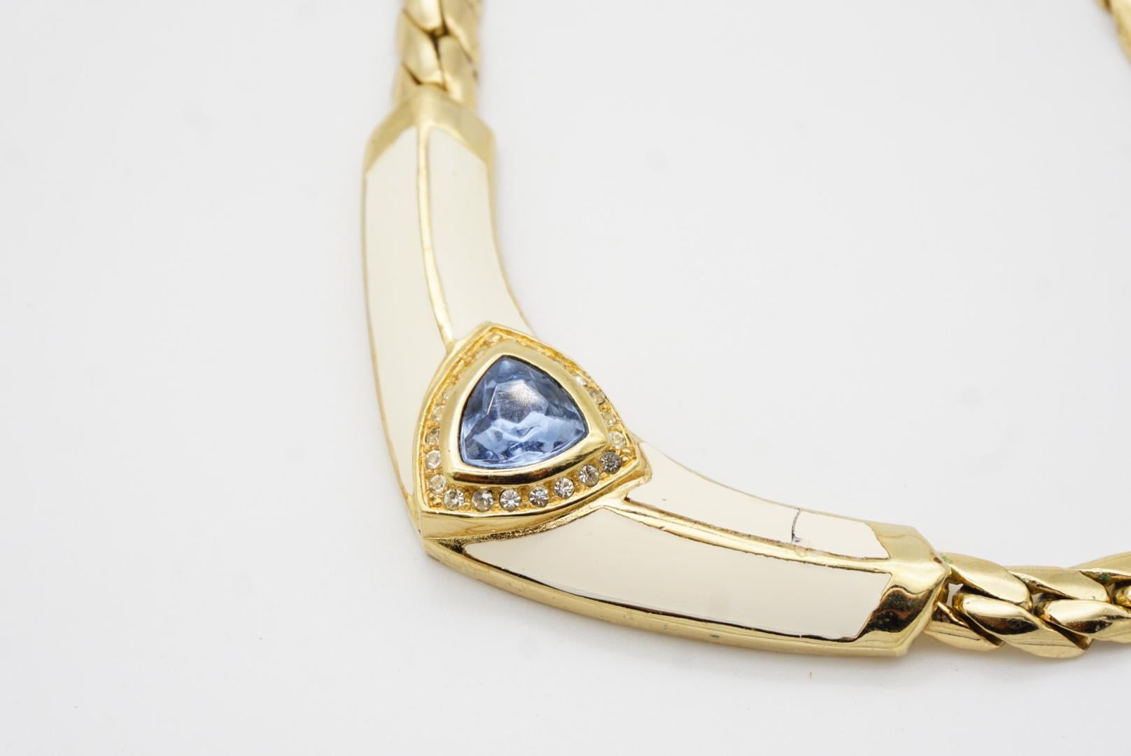 Christian Dior Vintage Aqua Blue Triangle Crystals Beige Set Necklace Earrings 9