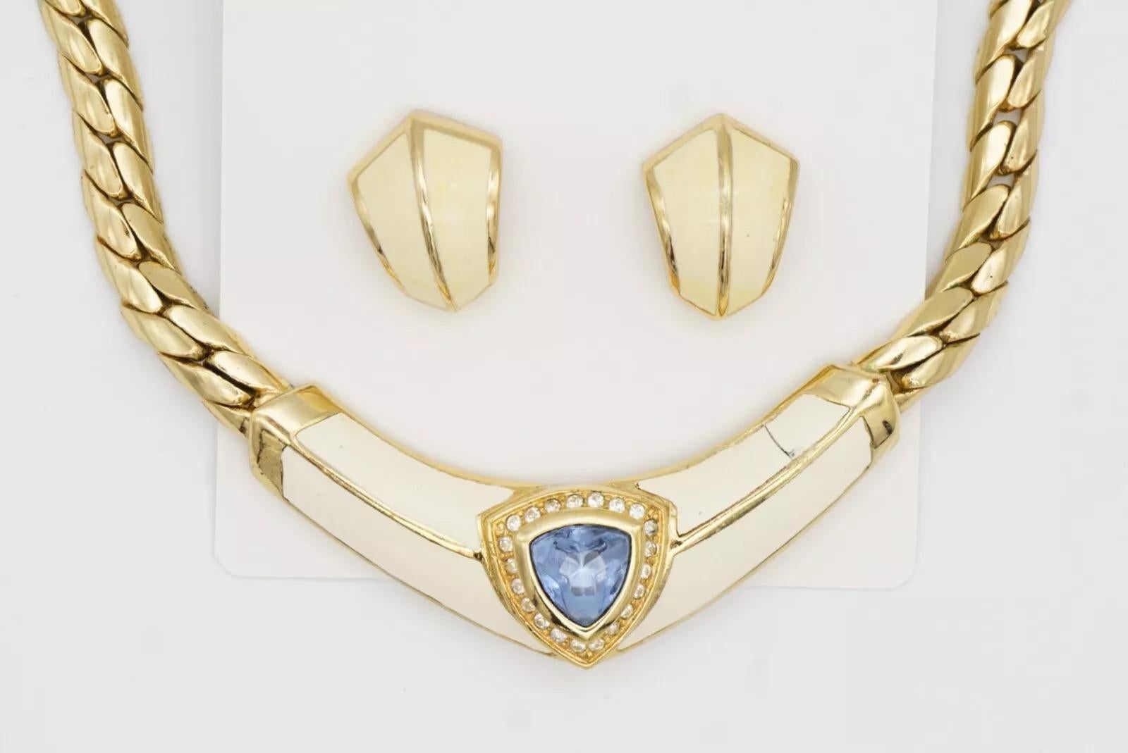 Christian Dior Vintage Aqua Blue Triangle Crystals Beige Set Necklace Earrings For Sale 10