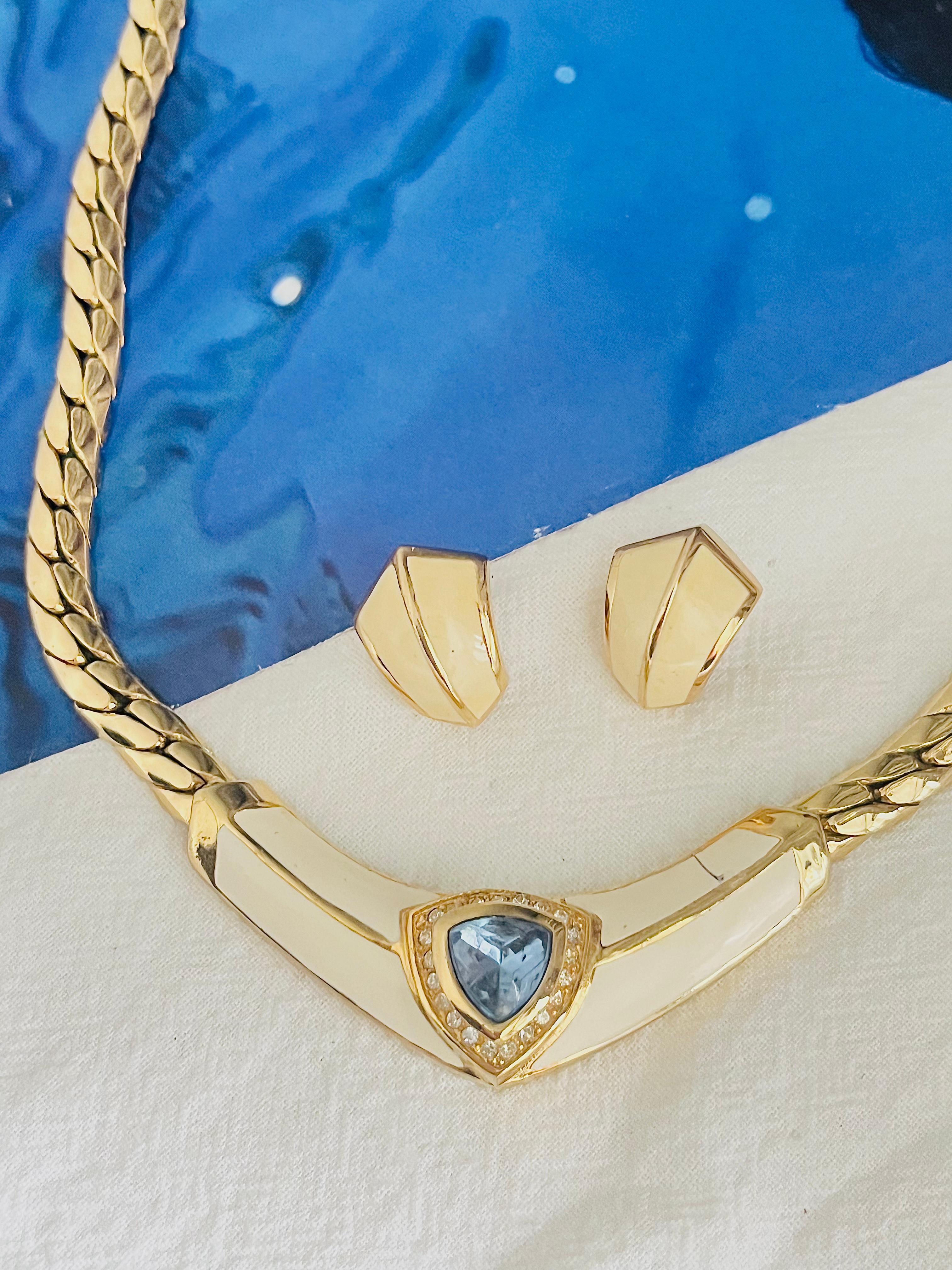 Art Deco Christian Dior Vintage Aqua Blue Triangle Crystals Beige Set Necklace Earrings