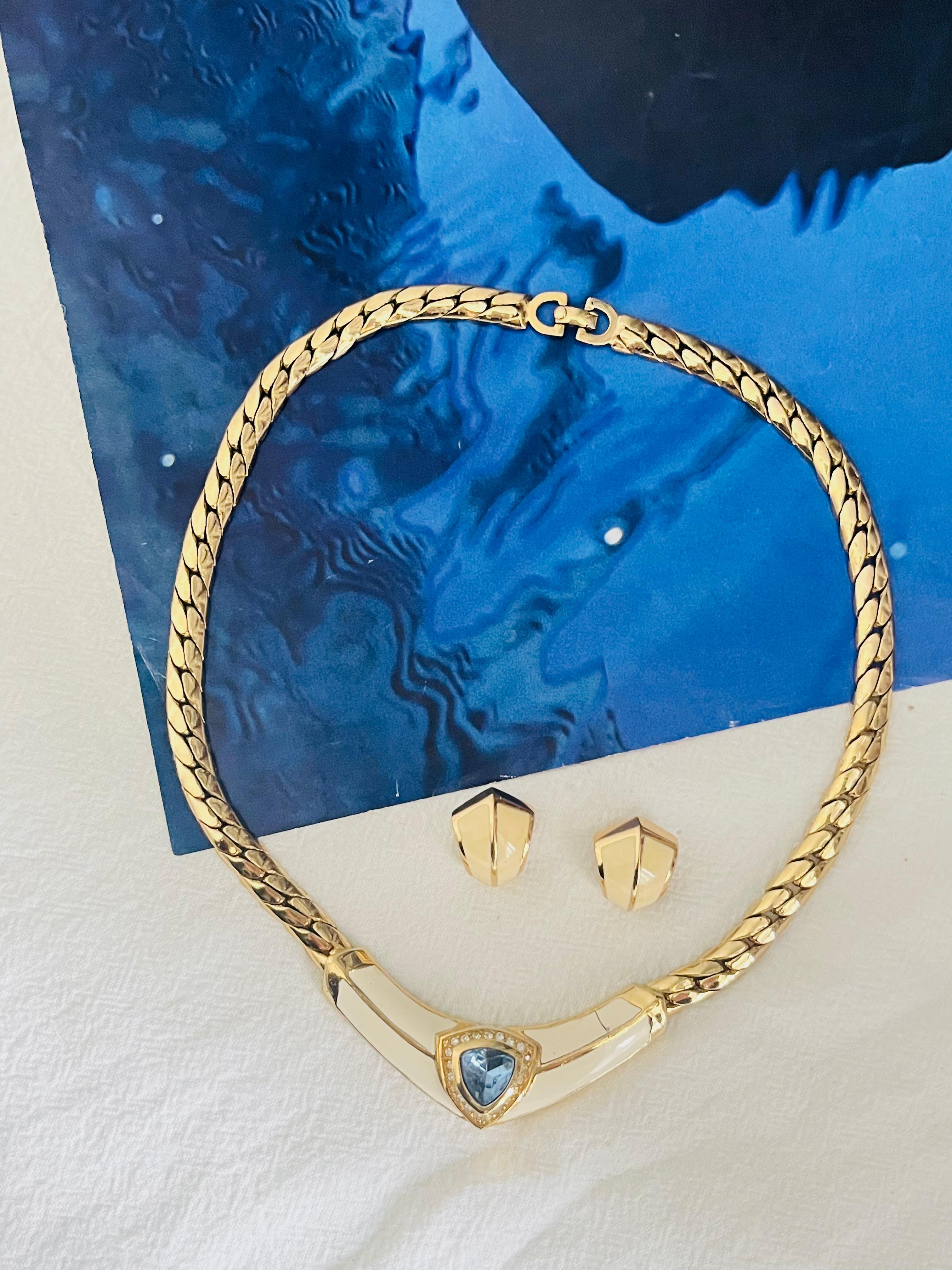 Christian Dior Vintage Aqua Blue Triangle Crystals Beige Set Necklace Earrings In Good Condition In Wokingham, England