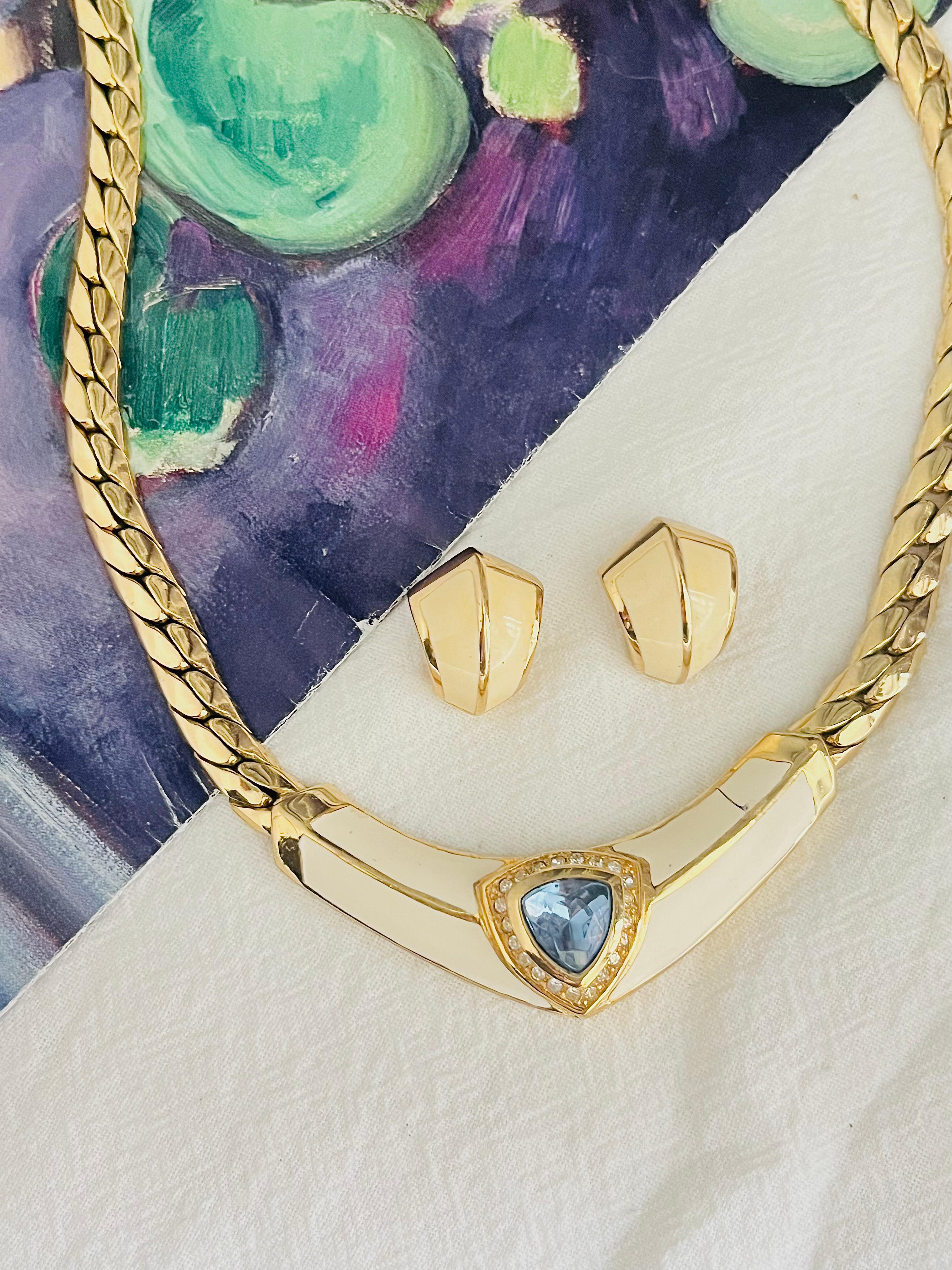 Women's or Men's Christian Dior Vintage Aqua Blue Triangle Crystals Beige Set Necklace Earrings